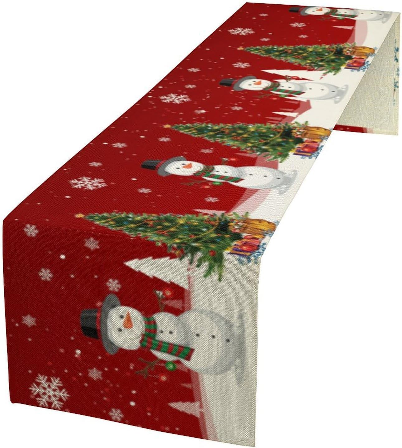 Christmas Table Runner,Snowman Rustic Red Snowflake Winter Table Cloth Kitchen Dining Table Decoration for Home Party Decor 13x70 Inch
