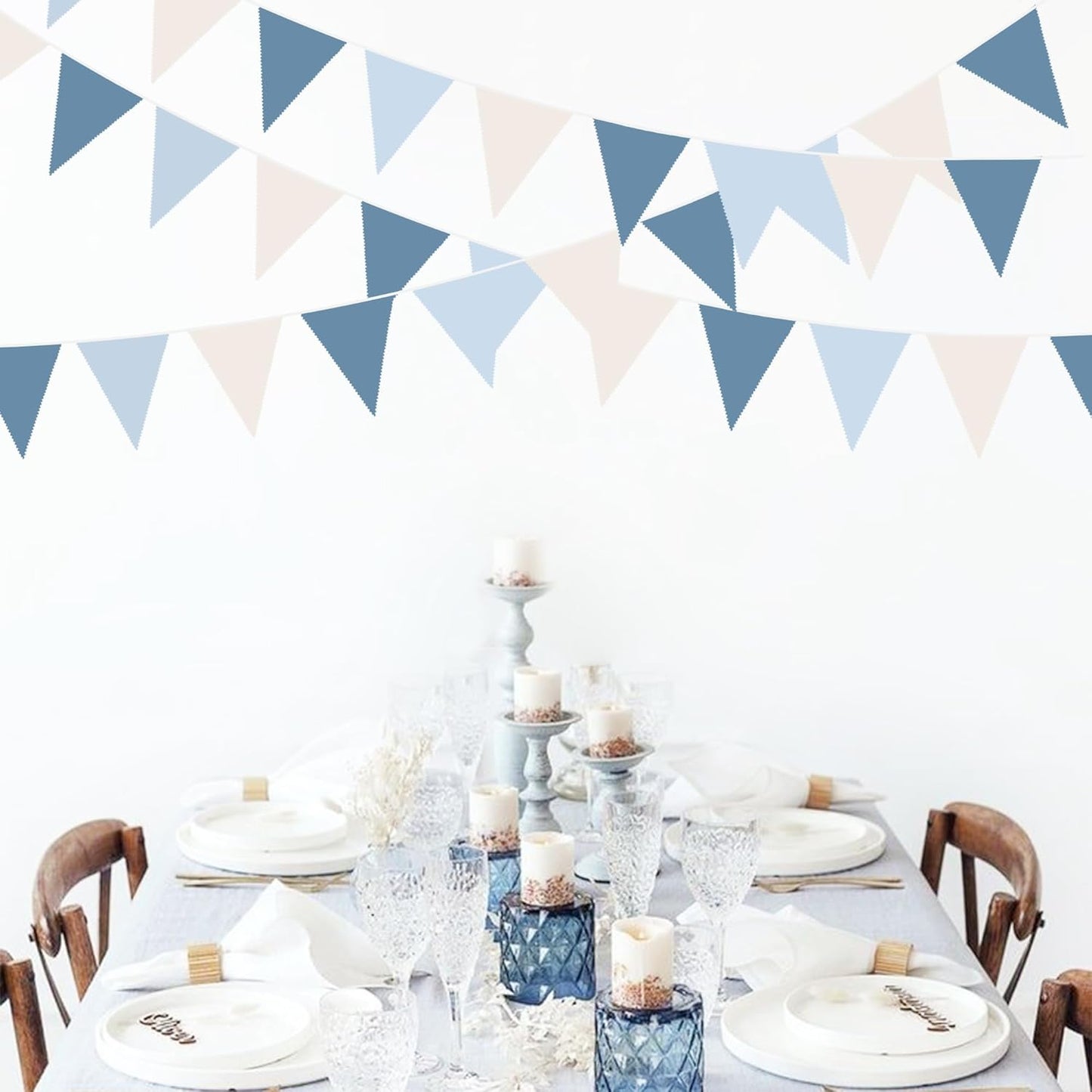 32Ft Blue Party Decorations Retro Blue Triangle Banner Flag Pennant Bunting Fabric Garland Streamers for Nautical Wedding Birthday Ahoy Achor Bridal Baby Shower Under The Sea Party Decoration