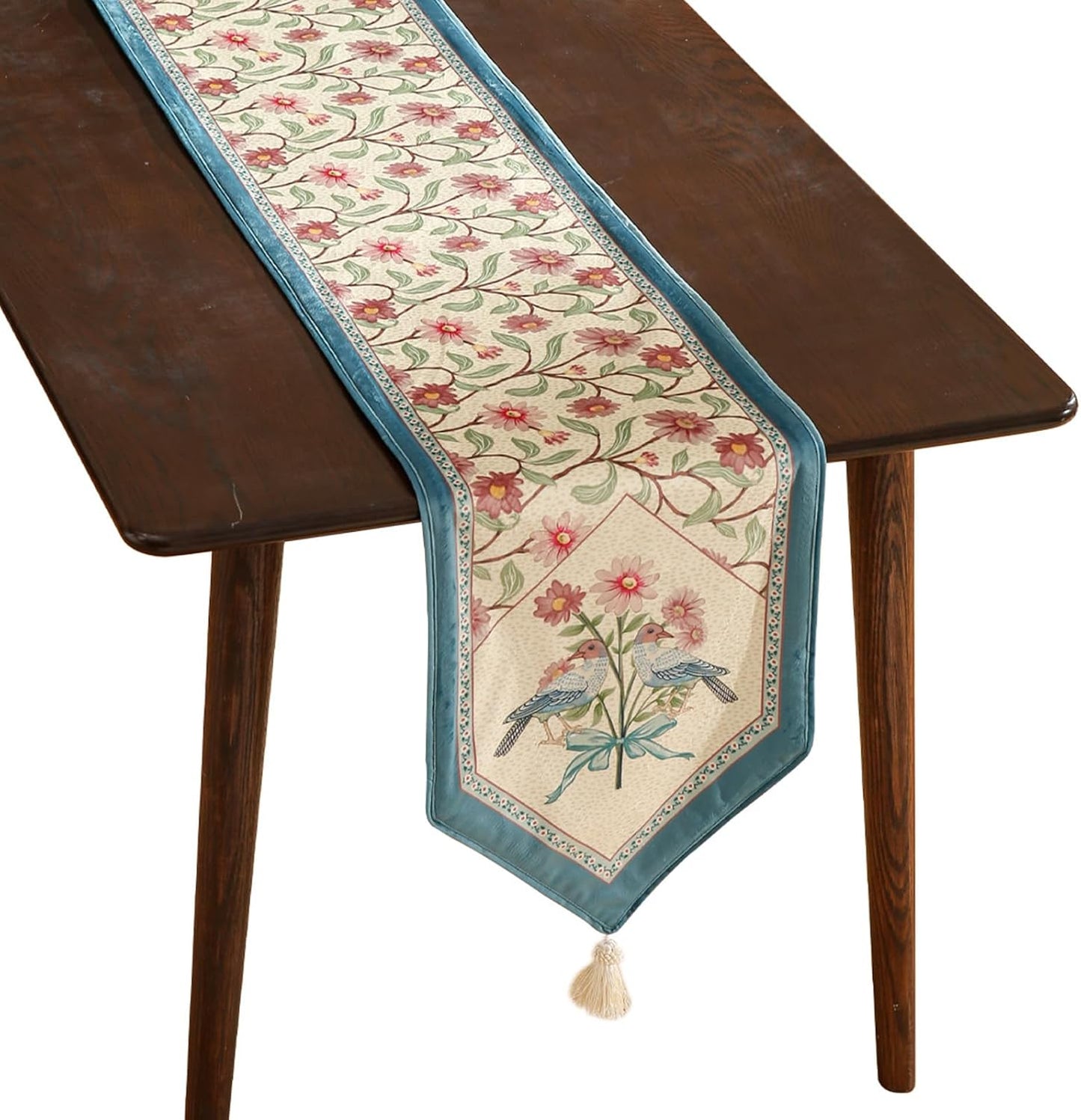 patdrea Designer French Elegant Wild Flowers Velvet Table Runner 118 Inch Long, Beige Pink Floral Table Mat, Decoration for Kitchen Dining Coffee Table Cabinet Banquet Thanksgiving,16"*118"