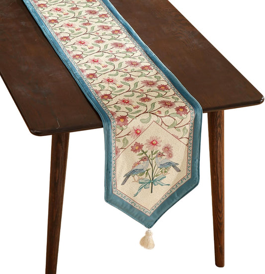 patdrea Designer French Elegant Wild Flowers Velvet Table Runner 118 Inch Long, Beige Pink Floral Table Mat, Decoration for Kitchen Dining Coffee Table Cabinet Banquet Thanksgiving,16"*118"