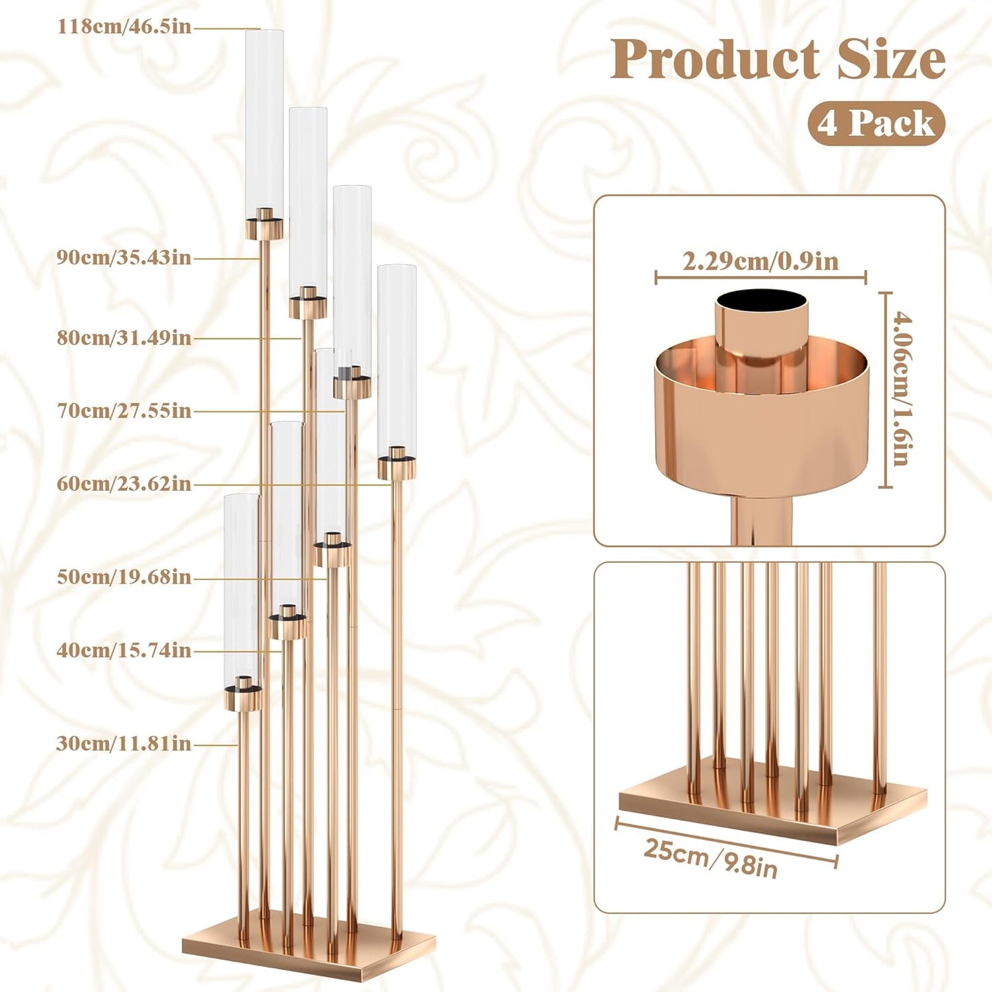46.5'' Floor Candelabra 7 Arms Floor Candle Holders for Wedding Gold Candle Sticks Holder Decor Metal Candlestick Set with Acrylic Lampshades for Home Party (7 arm Square 46.5in)