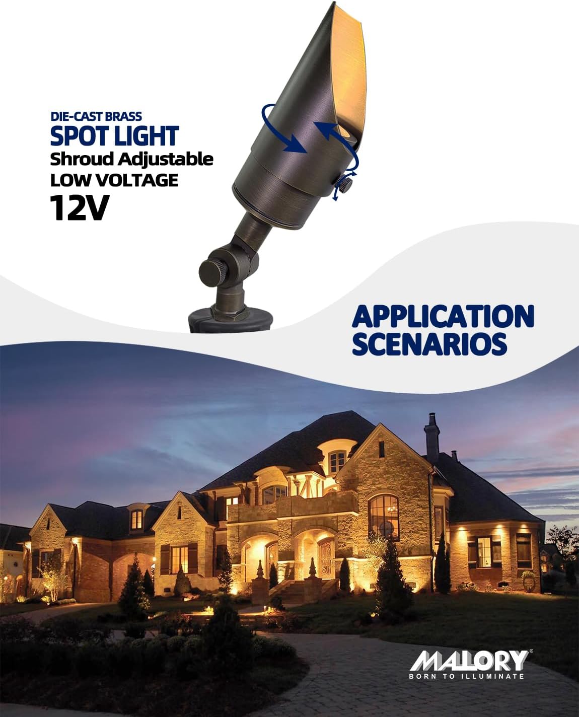 MALORY Brass Landscape Spotlight 4-Pack with MR16 Bulb Kit(S04), Low Voltage 12V AC/DC Shroud Adjustable Outside Yard Lights,PVC Ground Stake and Wire Connector Included, 5W 2700K Warm White