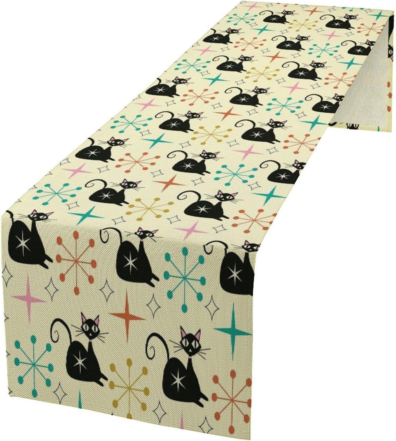 Mid Cat Table Runner, Vintage Black Cat and Atomic Stars 1950s 1960s Abstract Geometric Space Pattern Table Decoration for Home Kitchen Restaurant 13x70 Inches