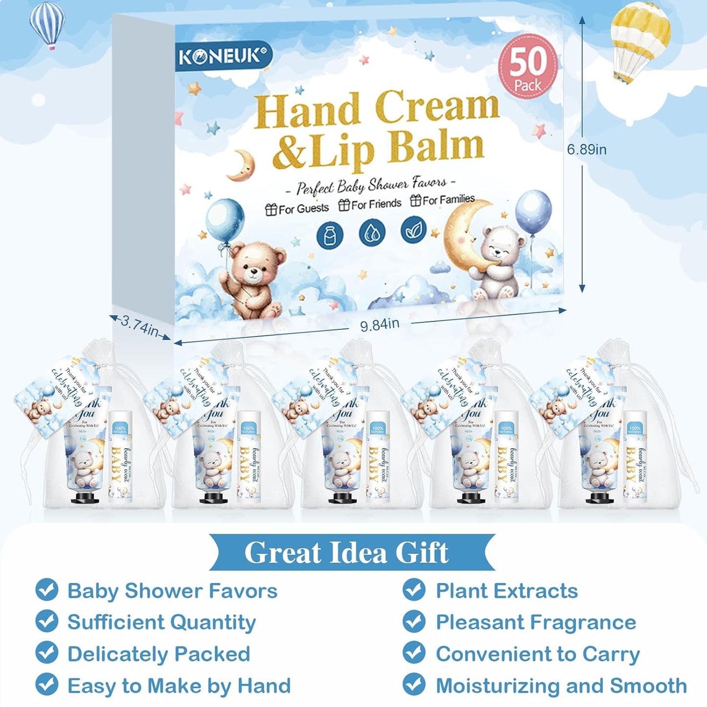 50 Pack Lip Balm and Hand Cream Bulk Gifts Sets, Baby Shower Party Favors and Bridal Shower Favors for Guests with Thank You Card and Organza Gift Bags, Thank You Gifts Bulk, Baby Shower Prizes (Bear)