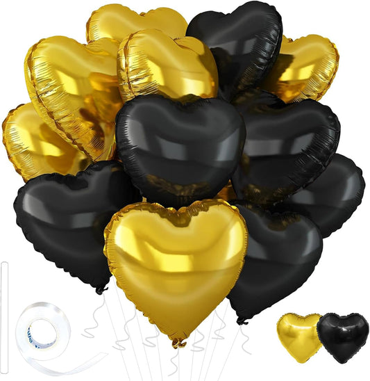 Gold-Black Heart Balloons,18inch Gold Heart Shaped Foil Balloons & Black Foil Balloon for Anniversary Wedding Birthday Party Baby Shower Valentines Day Decorations(12Pcs)
