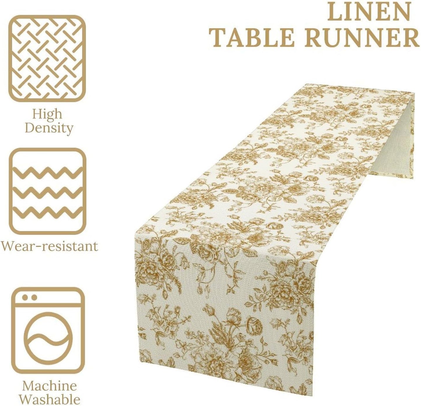 Retro Floral Table Runner, Golden White Wildfloral Sketch Print Kitchen Dinning Table Runner for Indoor Outdoor Home Wedding Party Holiday, 13x36 Inch