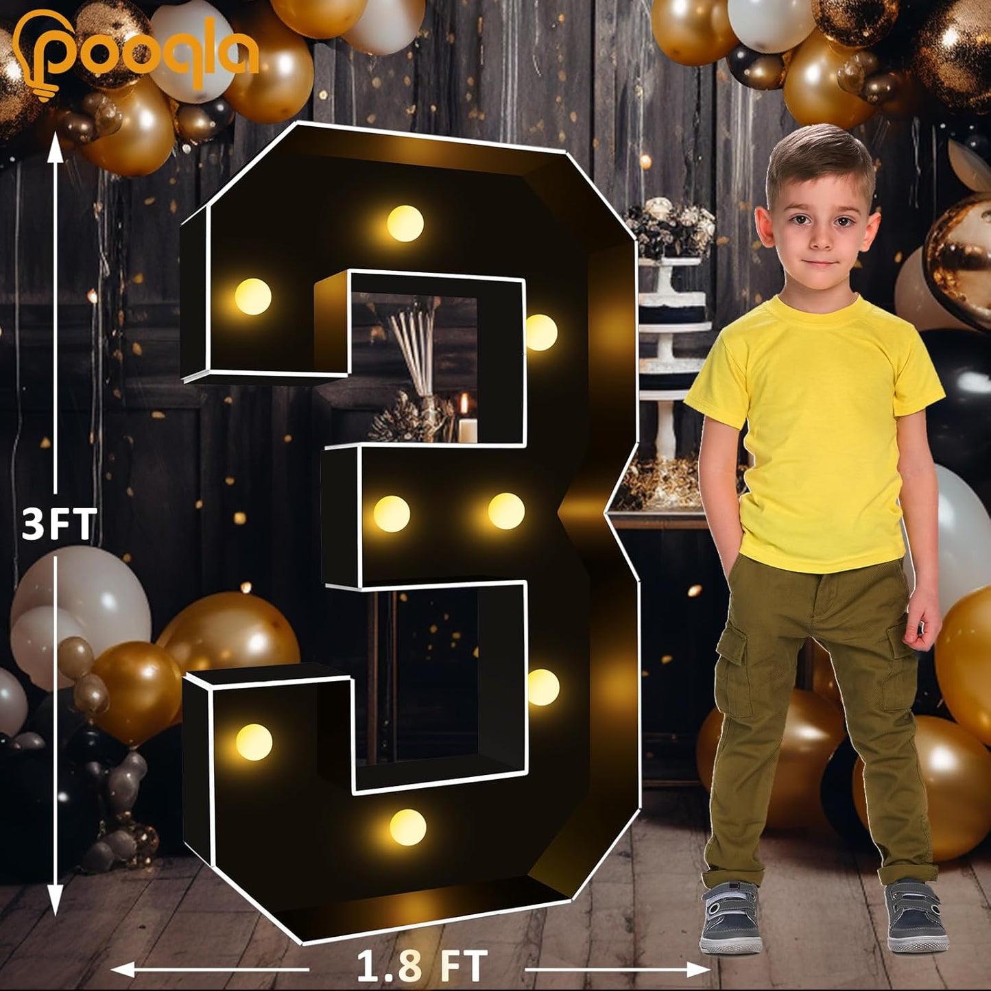 Pooqla 3FT Marquee Light Up Numbers, Black Lighted Party Decor for her him Women Men, Giant Mosaic Light Up Numbers for 3rd 13th 30th Birthday Anniversary Decoration, Number 3