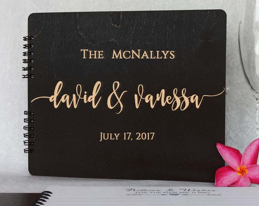 Wooden Wedding Guest Book (8.5"x7", Burnt Cocoa Stain) Personalized Wood Rustic Charm Bride Groom Vintage Anniversary Bridal Guest Registry Guestbook Made in USA