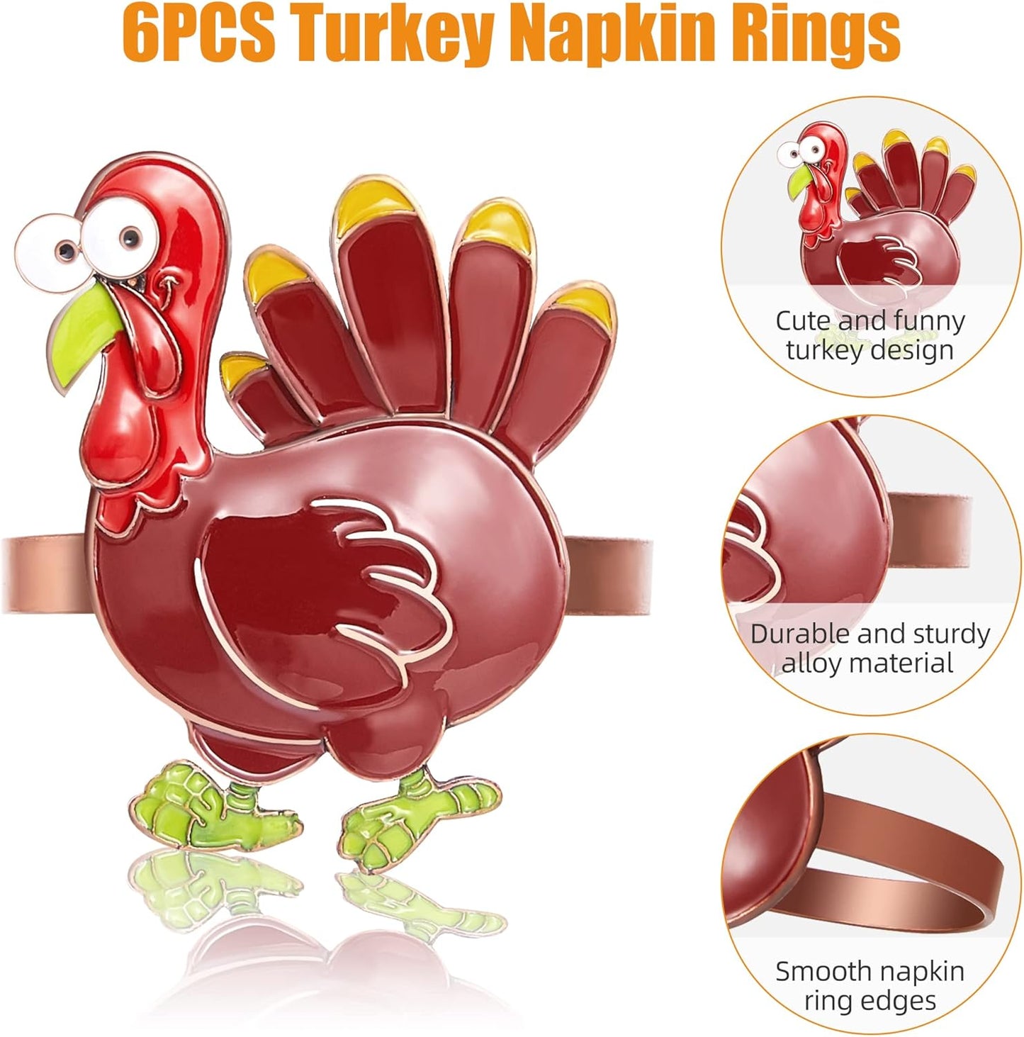 Halatool Thanksgiving Colorful Turkey Napkin Rings Set of 6, Funny Metal Festival Napkin Holders for Thanksgiving Weddings Holidays Gathering Dinner Party Decorations