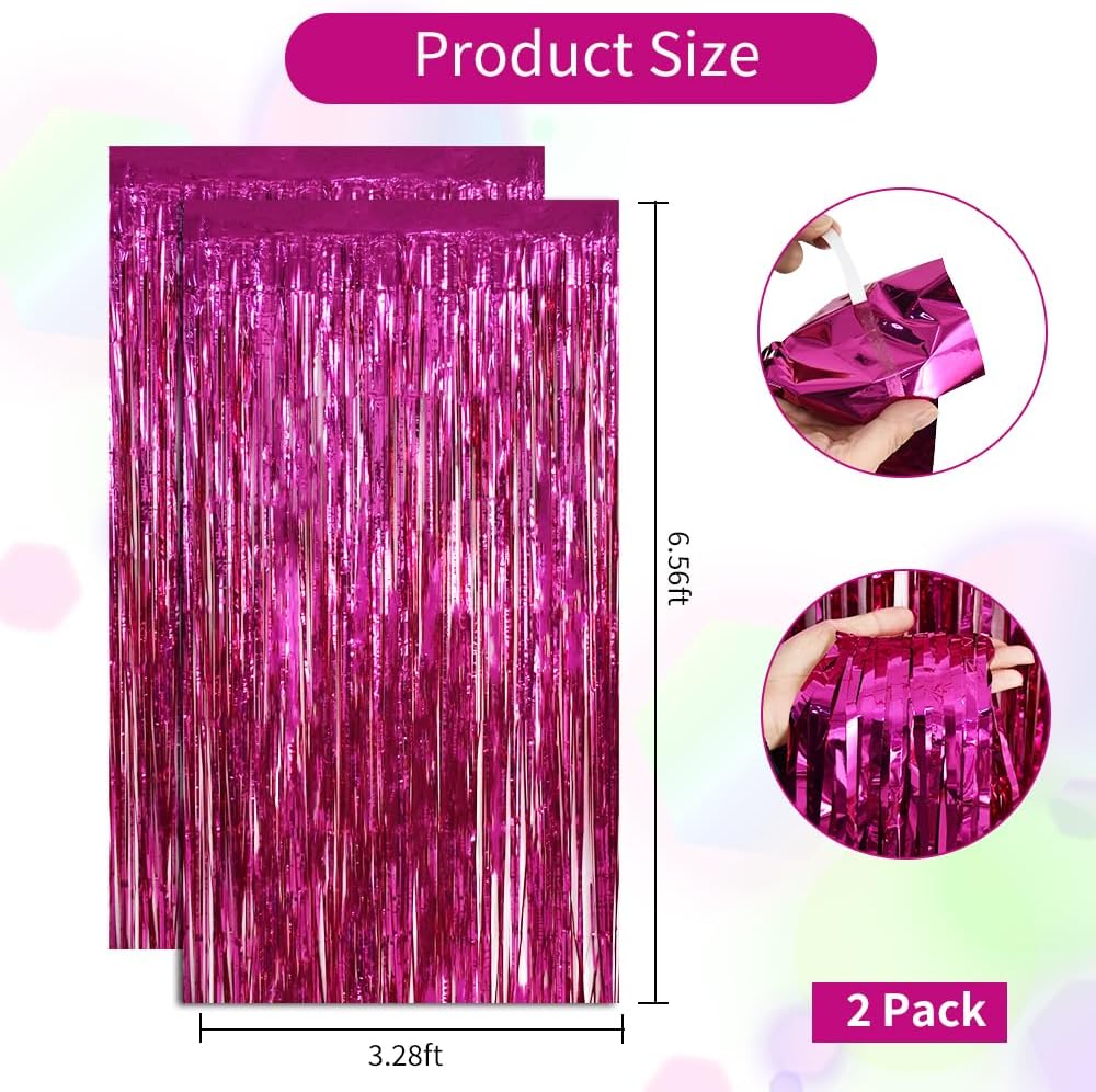 BEISHIDA 2 Pcs Hot Pink Backdrop Pink Door Streamers Tinsel Curtains Streamers Party Decoration Foil Fringe Backdrop Wall Background Photo Booth for Girls Birthday Bachelorette Party Decorations