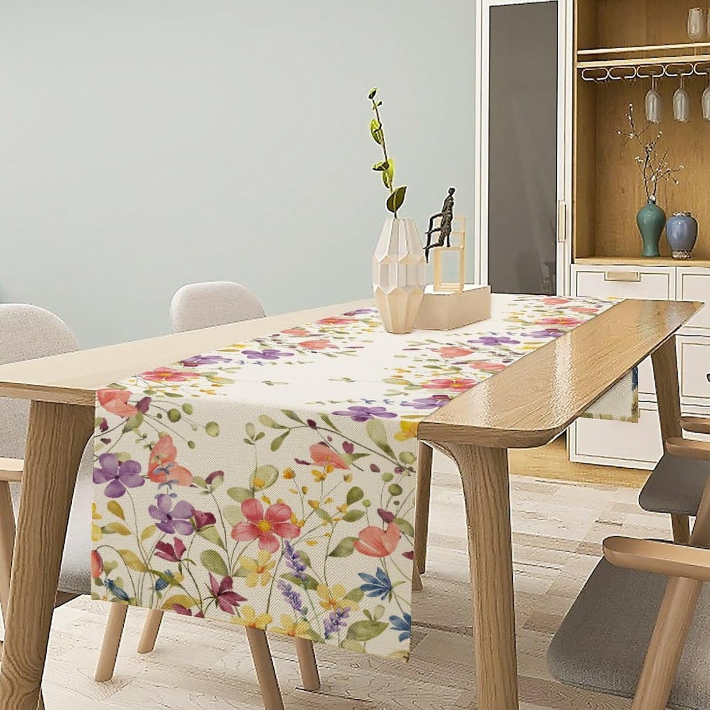 Floral Table Runner,Flowers Plant Print Spring Table Runner for Kitchen Dining Table Decoration for Home Party Decor 13x60 Inch