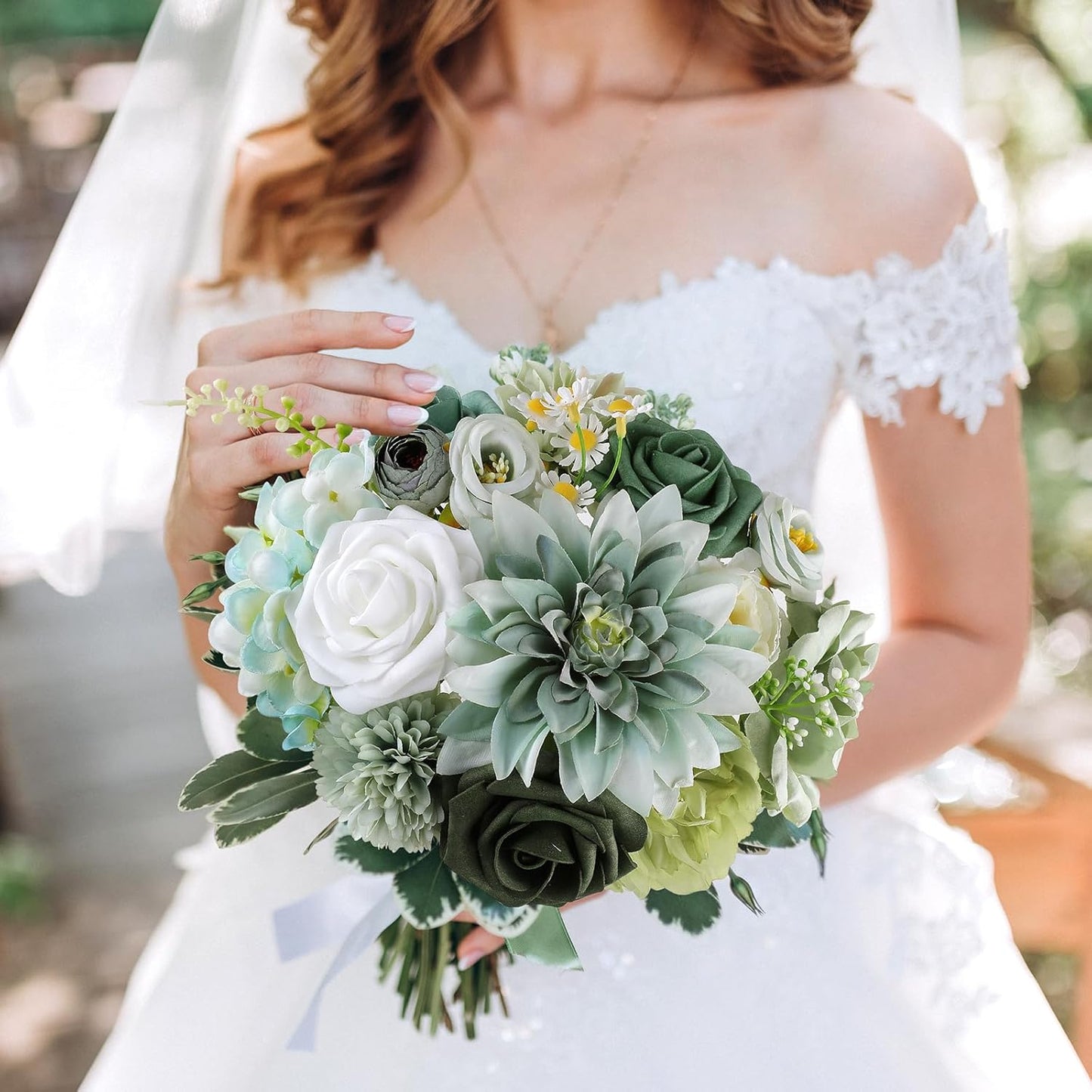 AmyHomie Forest Sage Green White Artificial Flowers Combo Silk Rose Fake Flowers w/Stem for DIY Wedding Bouquets Centerpieces Arrangements Table Fall Decor Party Bridal Baby Shower Home Decorations