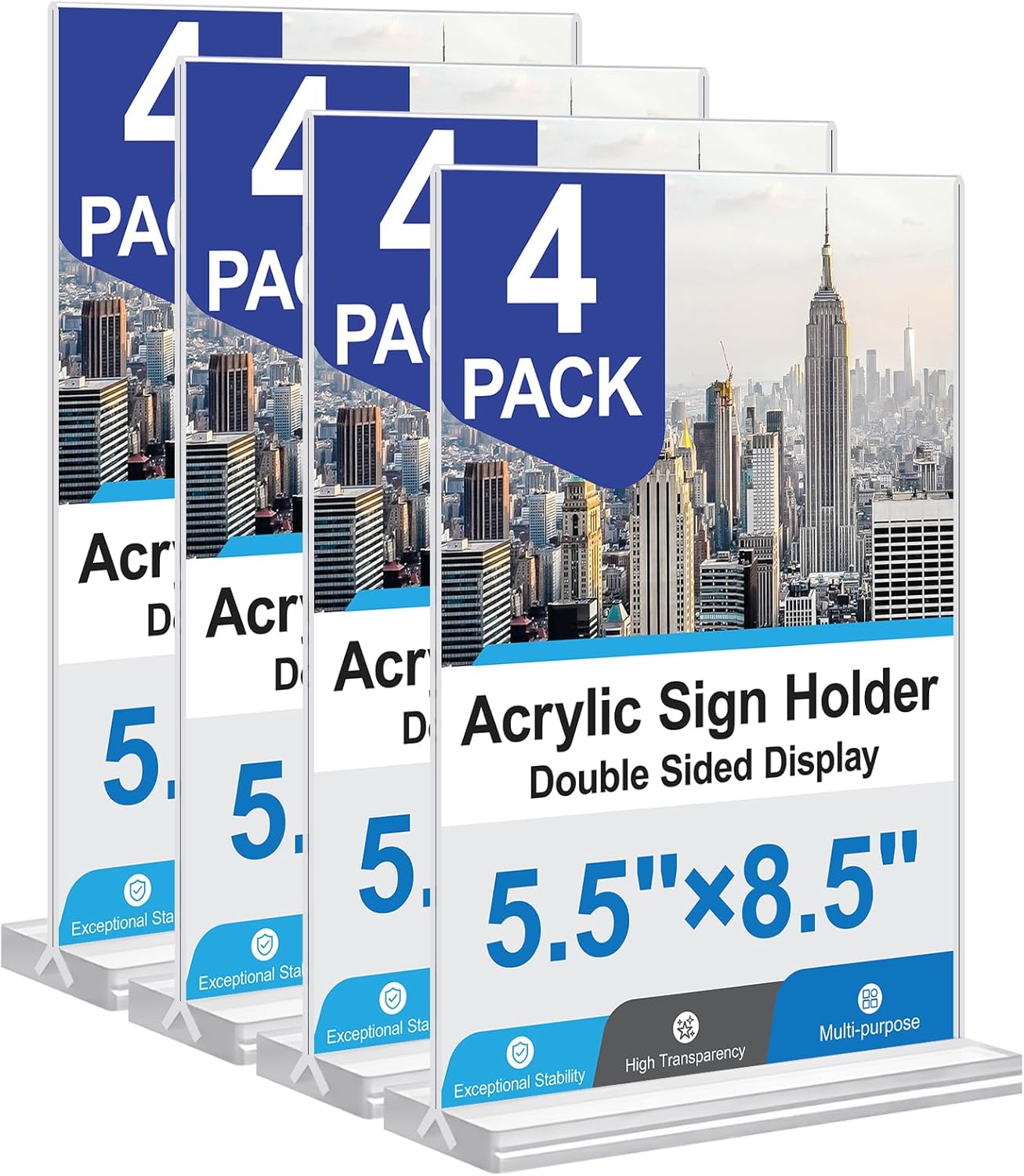 Acrylic Sign Holder 5.5x8.5 Inches 4 Pack, Double Sided Clear Display Stand Table Top Sign Paper Holder, Vertical Menu Flyer Holder, Plastic Sign Frame for Stores, Restaurants, Hotels, Office