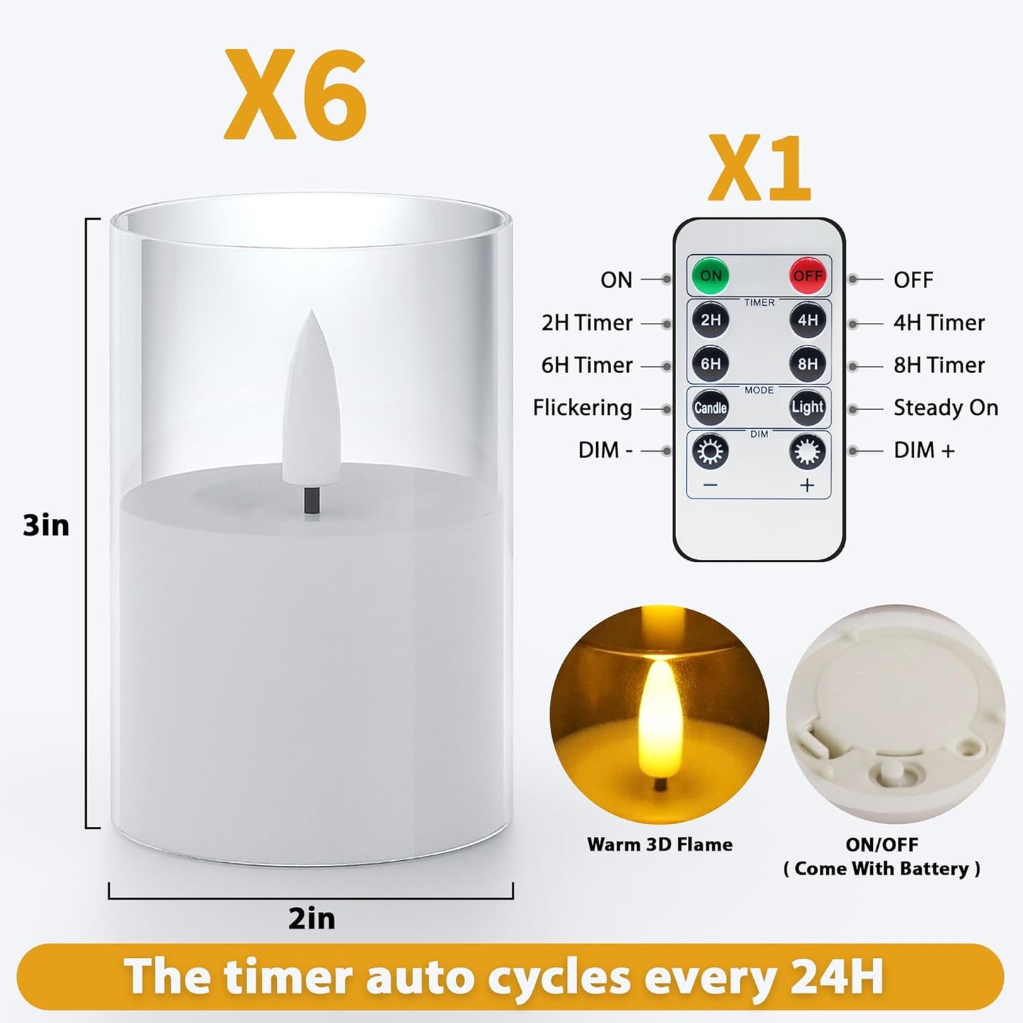6Pack Flickering Flameless LED Candles with Remote & Timer, Battery Powered - Small Pillar & Votive, Clear (2"X3")