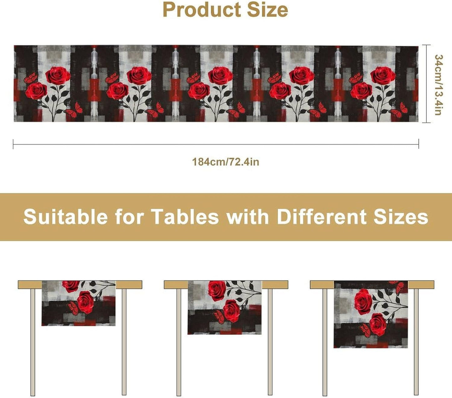 Abstract Art Rose Table Runner, Red Roses Floral Butterfly Black Red Grey Ink Background Pattern Kitchen Dinning Table Runner for Indoor Outdoor Home Wedding Party Holiday, 13x60 Inch