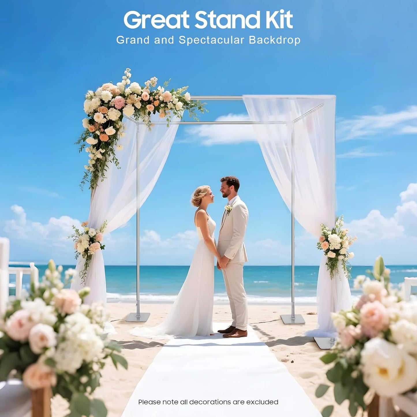 Wedding Backdrop Stand 4 Post,5ft~10 ft Adjustable Wedding Hardware Kit Chuppah Canopy Detachable Metal Background Frame Photo Booth for Party Wedding Ceremony Event