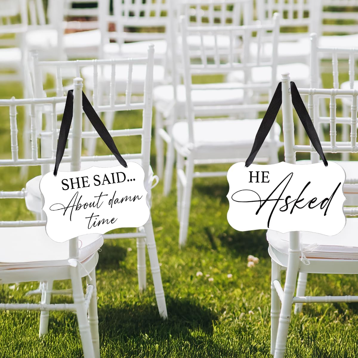 2 Pcs Acrylic Wedding Sign, Ring Bearer Sign, Rustic Wedding Decor Signs, Acrylic Wall Art With Ribbon for Chairs Weddings Decor and Event Party - He Asked She Said About Damn Time (White)
