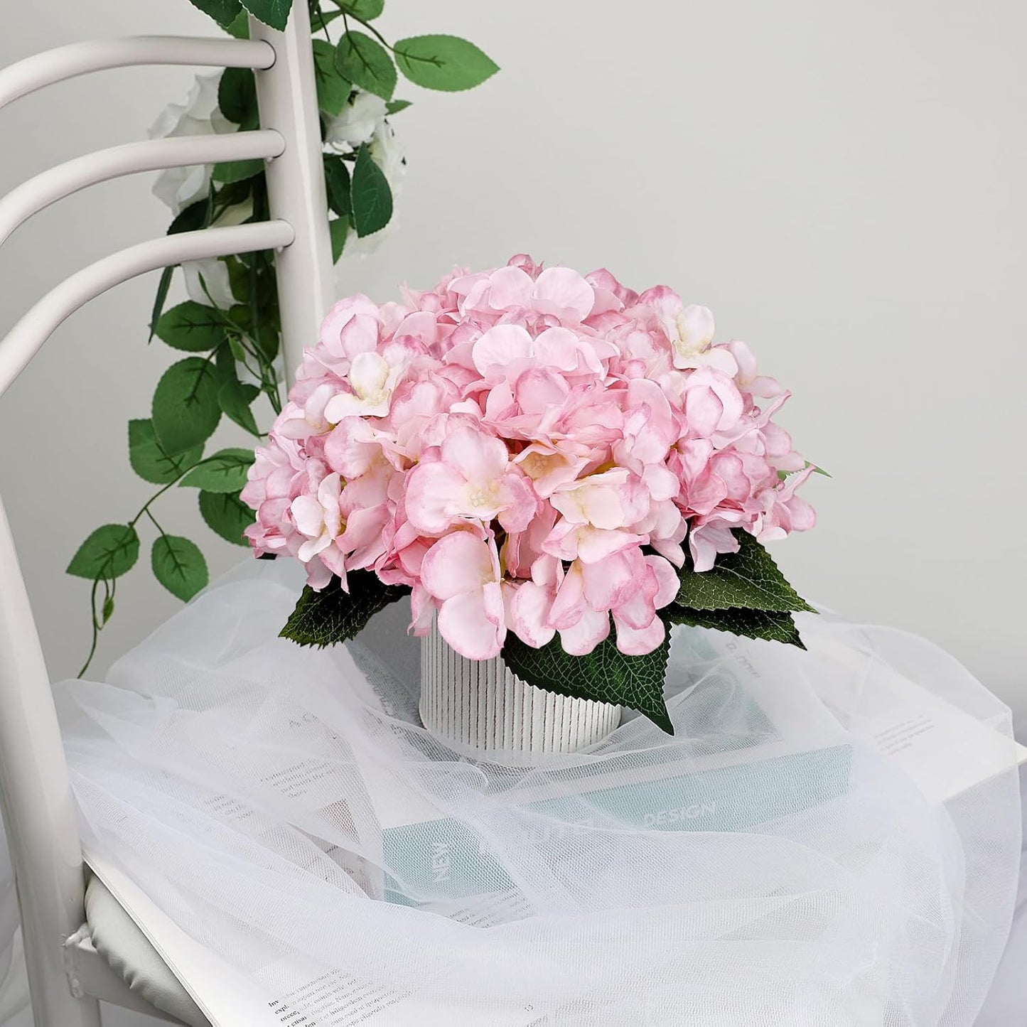 Flower Table Centerpieces - Set of 6 Floral Arrangement Artificial Wedding Hydrangeas Floral Arrangement with Rustic Metal Vase for Bridal Tea Party Event Decorations - Pink
