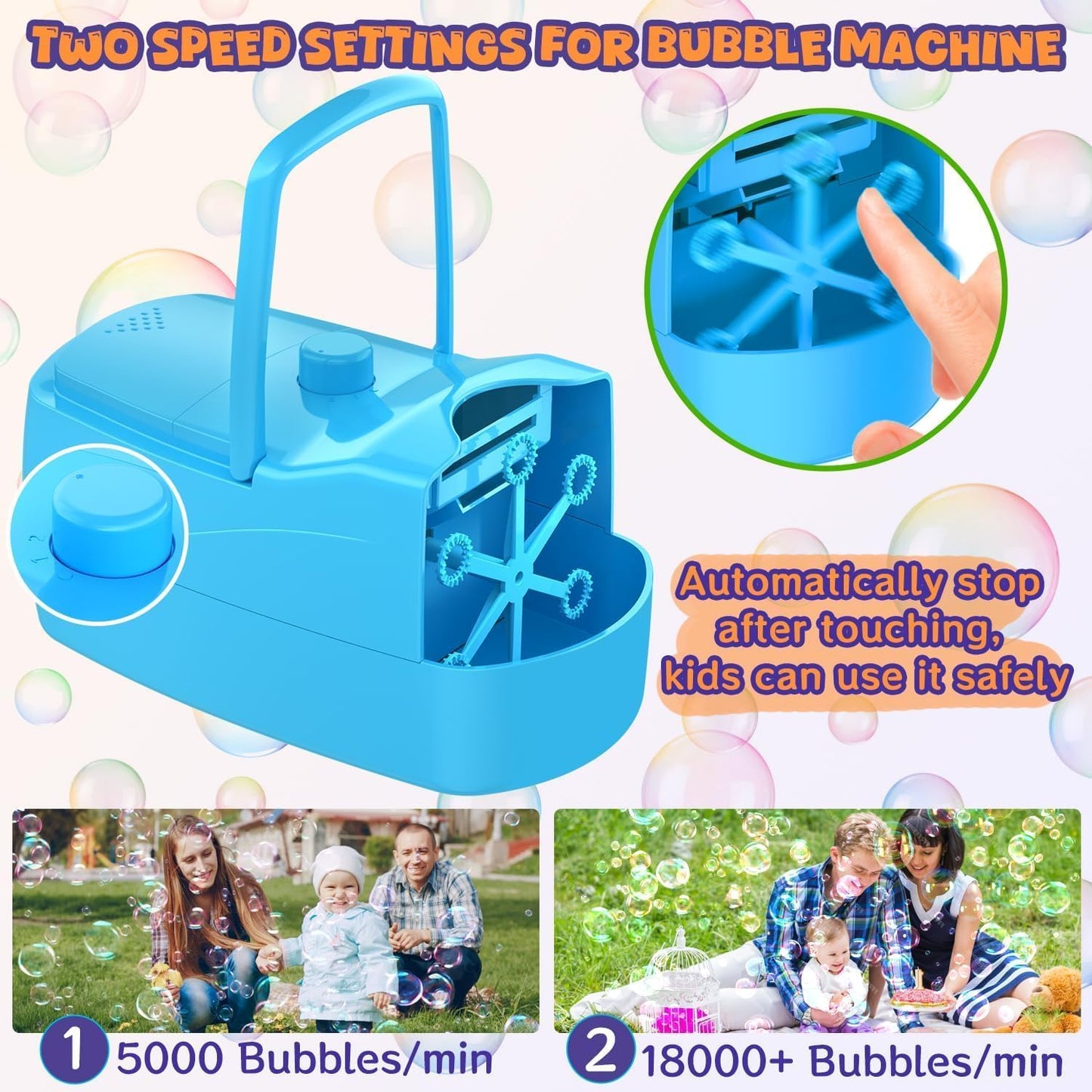 Bubble Machine, Automatic Bubble Blower for Kids, 18000+ Bubbles Per Minute with 2 Speed Settings, Battery/USB Powered Bubble Maker for Toddlers, Outdoor Birthday Parties, Weddings (Blue)