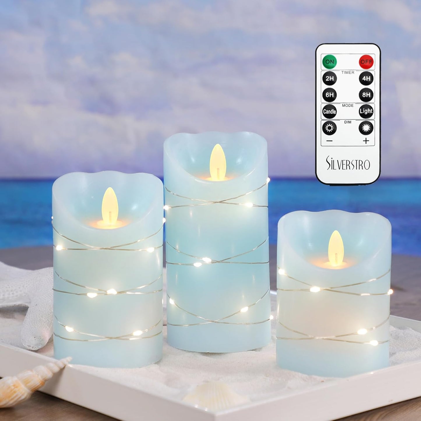 Silverstro Nautical Flameless Candles with String Lights Flickering Blue Battery Operated Candles with Remote Control & Timer - Home Farmhouse Holiday Ocean Decor - Set of 3
