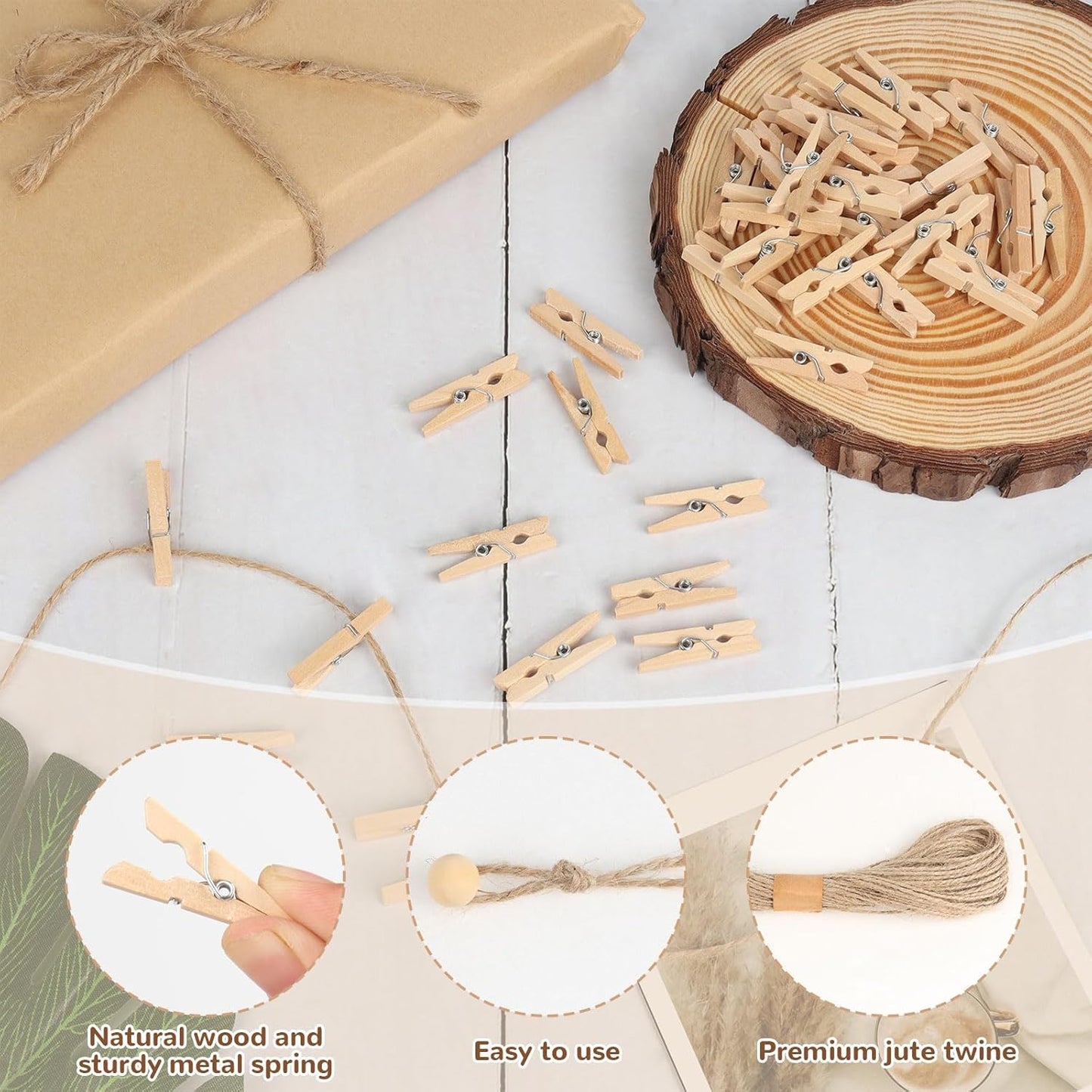 100 Pcs Wooden Clothespins for Photo Hanging Display, Mini Clothes Pins with String, Photo Display Hanging Clips for Crafts Pictures Photos Home Birthday Wedding Party Decoration