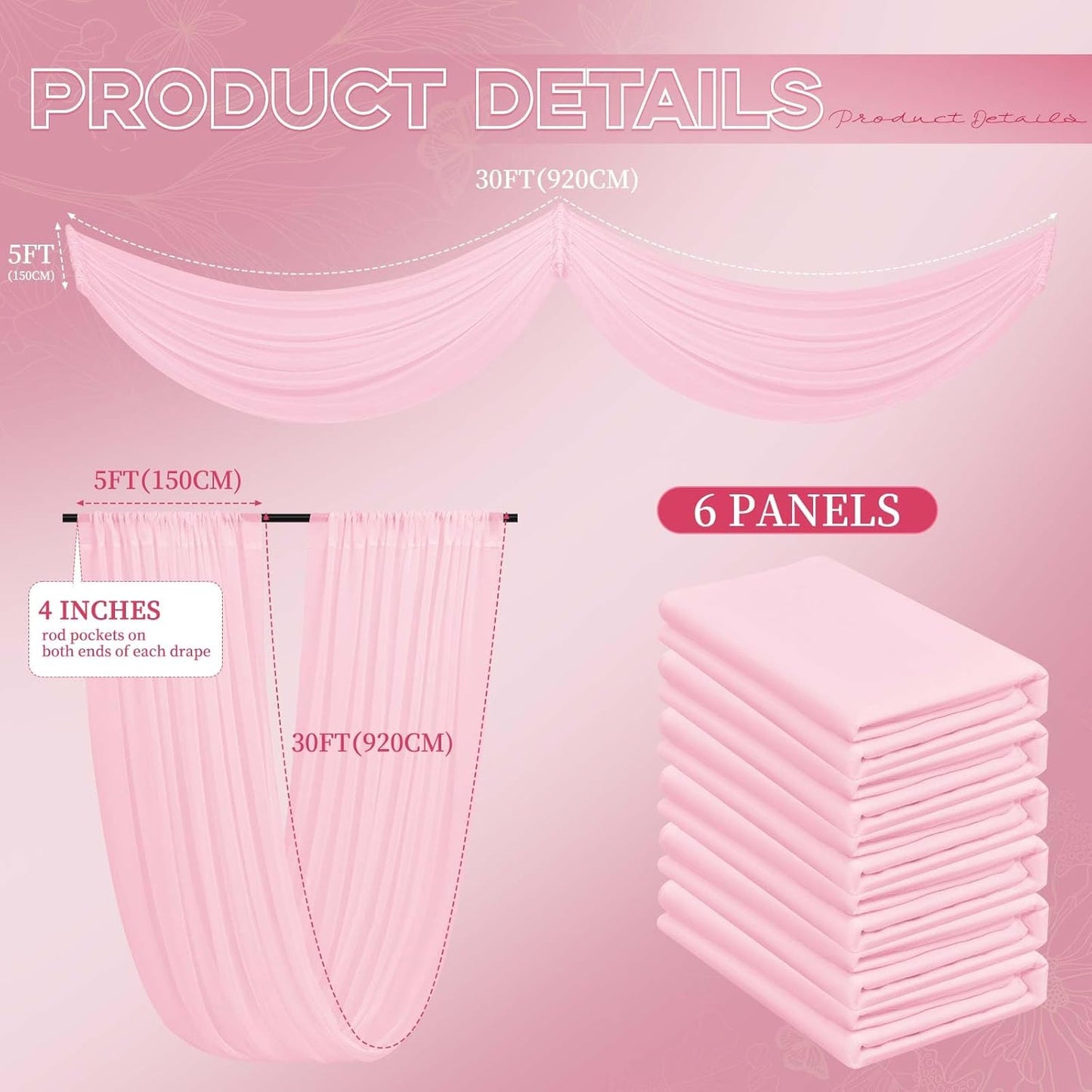 6 Panels Pink Ceiling Drapes for Wedding 5ftx30ft Ceiling Drapes Wedding Arch Draping Fabric Cheesecloth Sheer Curtain Romantic Ceiling Decorations for Weddings Party Banquet Ceremony Stage