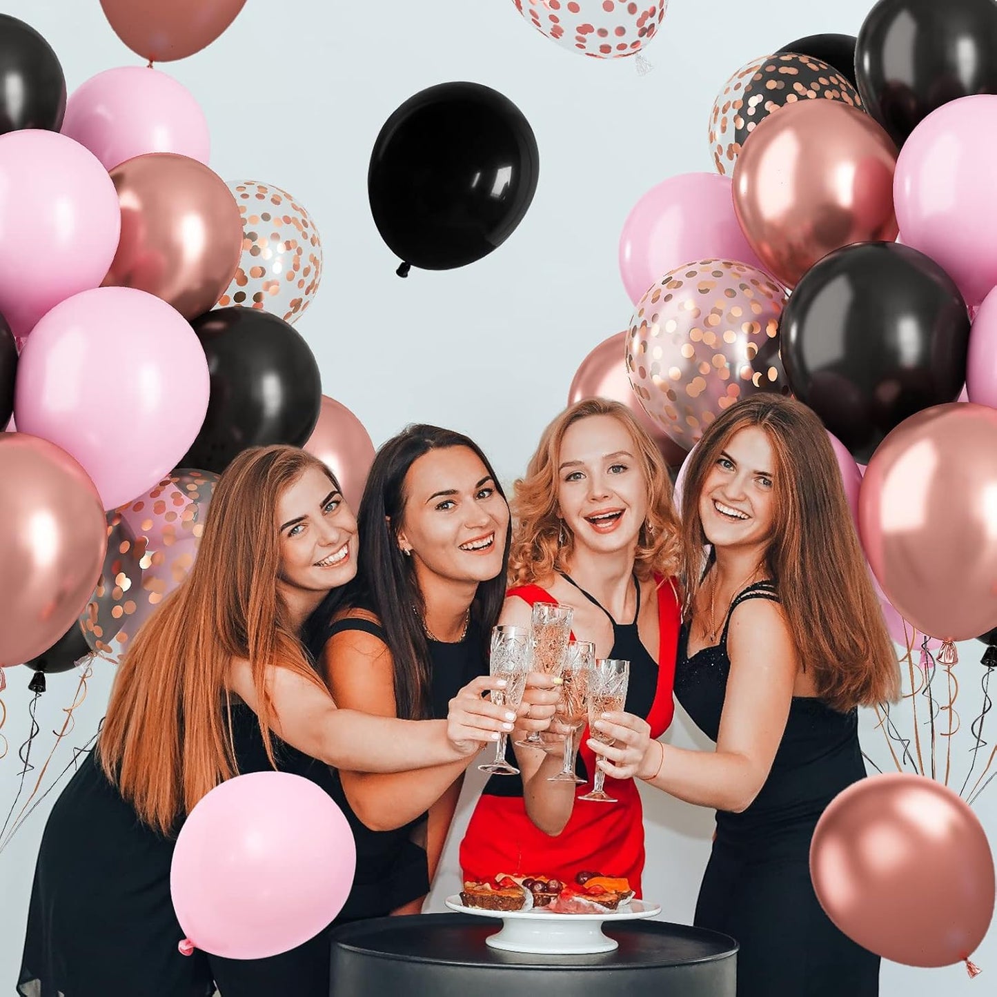 Paready Black Pink Latex Balloons, 60 Pcs 12 Inch Metallic Rose Gold and Confetti Balloons for Girls Birthday Baby Shower Engagement Anniversary Wedding Bridal Shower Party Graduation Decoration