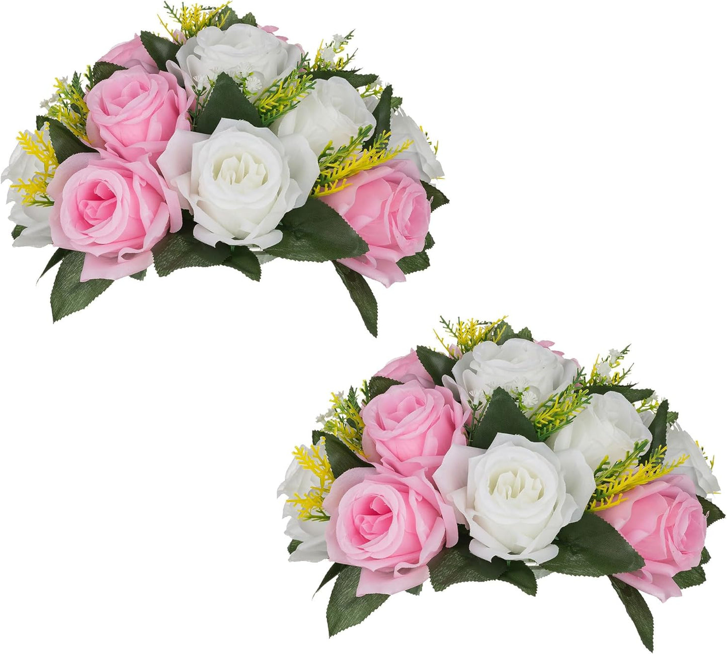 BLOSMON Flower Balls Rose Centerpieces: 2 Pcs Pink 9.5 Inch Fake Flowers Kissing Balls Decor Artificial Wedding Floral Arrangements Silk Flower Bouquet with Base Home Party Room Table DIY Decorations