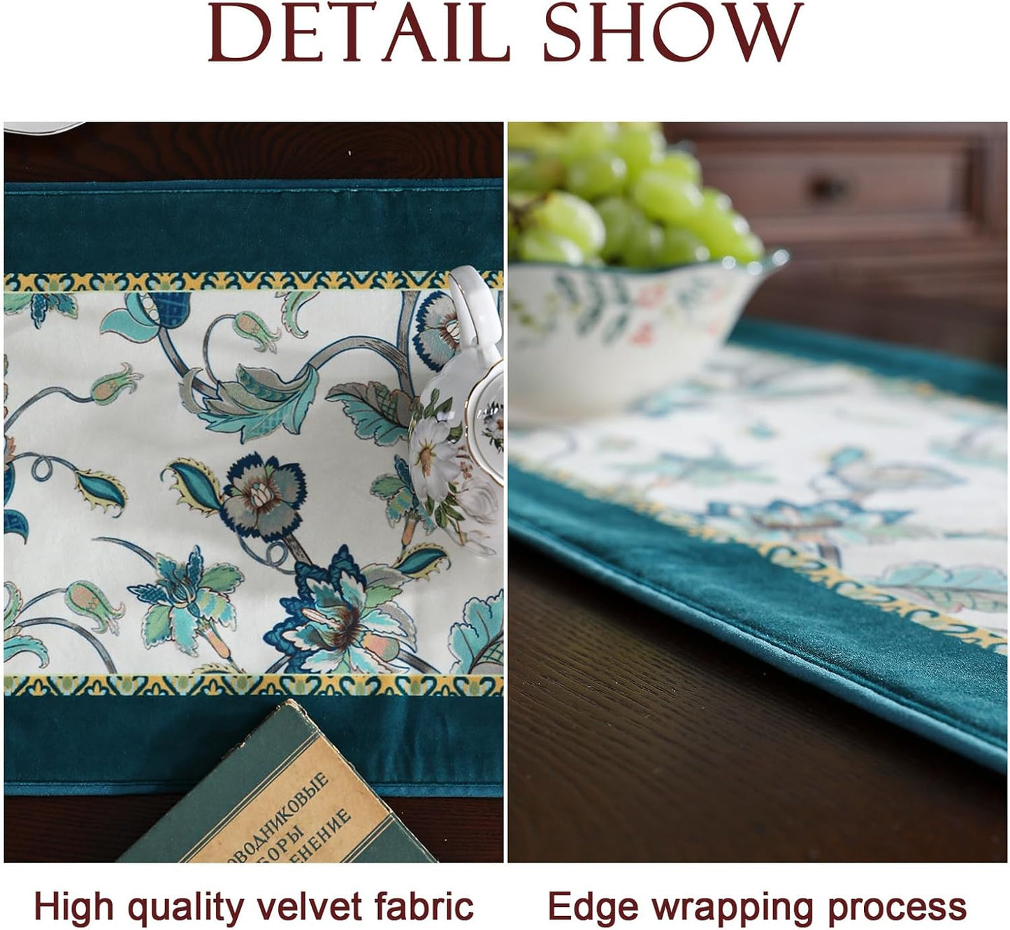 patdrea Designer Elegant French Floral Velvet Table Runner, Teal with Blossoms Pattern Table Mat, Decoration for Kitchen Dining Coffee Table Shelf Cabinet Banquet Thanksgiving,12"*87"