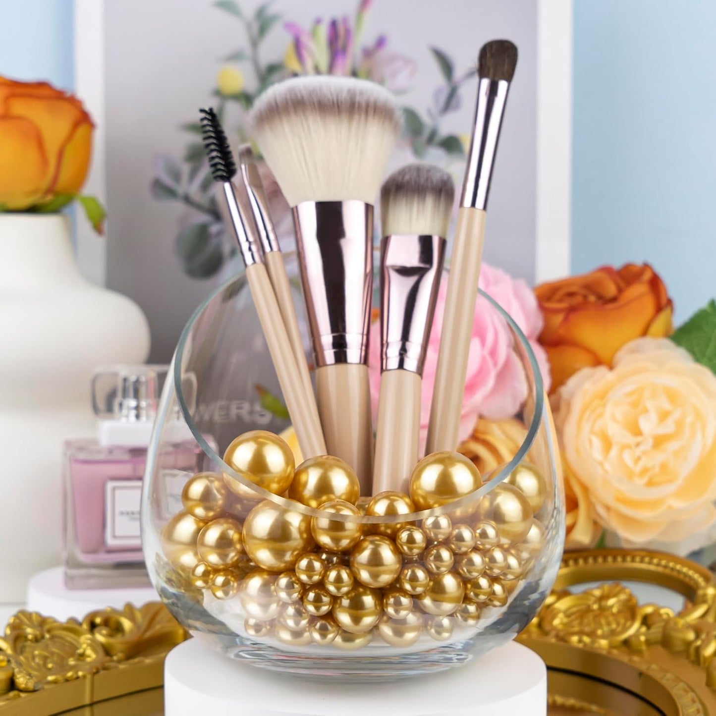 150Pcs Gold Polished No Hole Faux Pearl Beads for Vase Filling Decorations, Plastic Pearls Vase Fillers, Table Scatters, Wedding Centerpiece, Home Decor, 8/14/20 mm