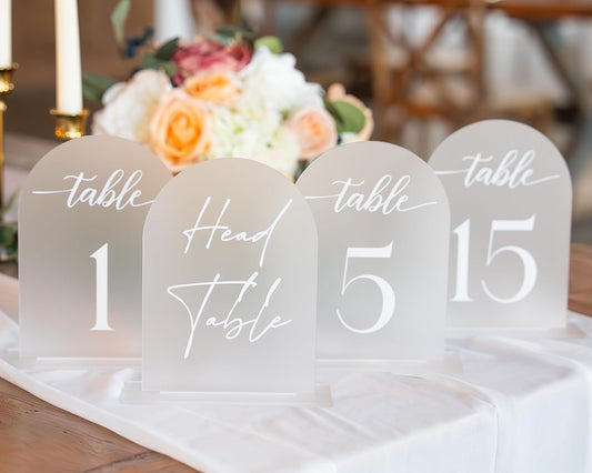 Frosted Arch Acrylic Table Numbers for Wedding Reception - 5" x 7" White Font Centerpiece Set with Holder Stands & Head Table Sign - Anniversary, Event, Party, Wedding set 1-15