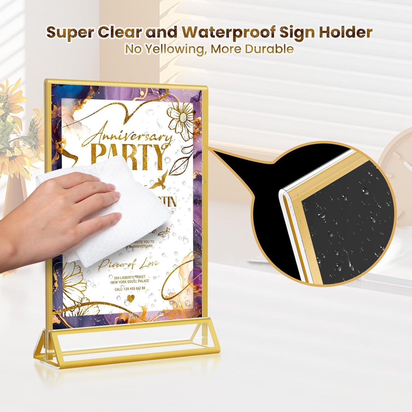 Acrylic Gold Sign Holders 4x6, 12 Pack Wedding Gold Table Number Holders, Double Sided Photo Display Picture Frame Paper Stand, Clear Flyer Stand Menu Holder for Wedding, Home, Party, Restaurant