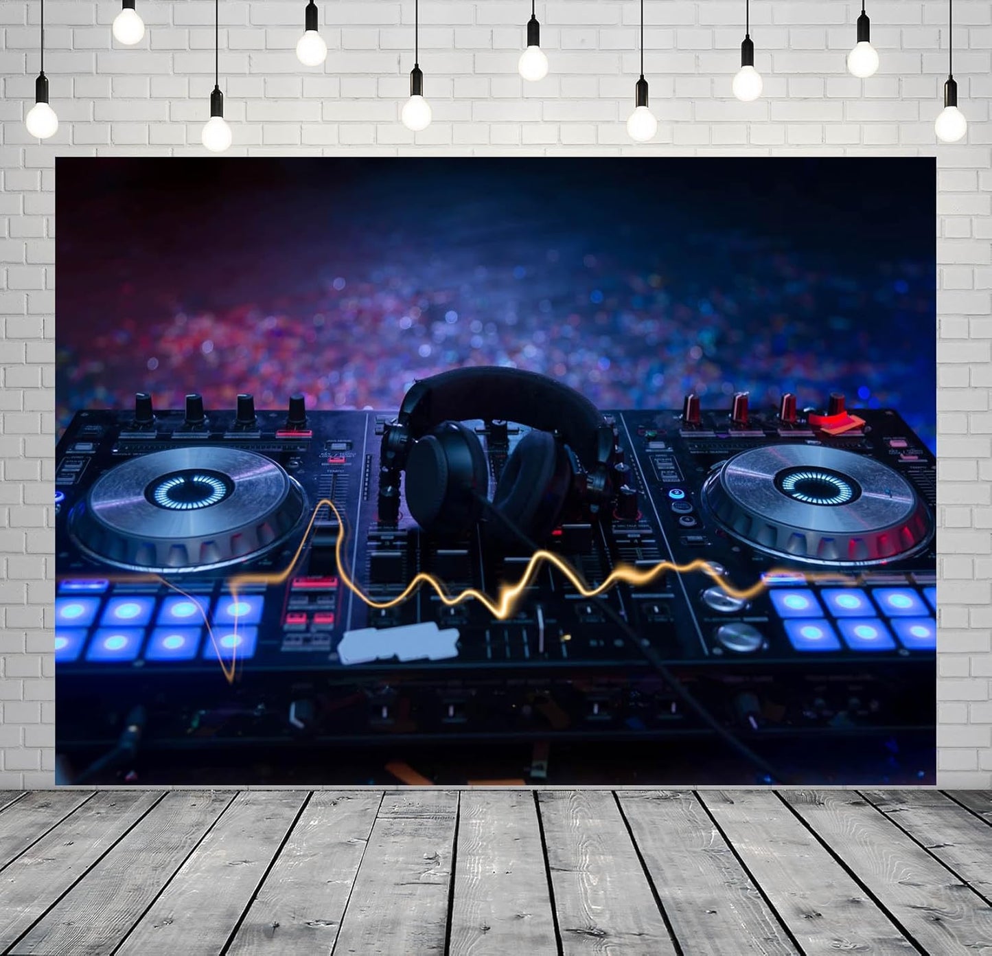 CORFOTO 15x8ft Fabric Dj Mixer with Headphones Backdrop Photography Dj Sound Equipment in Dark Background Musical Dance Disco Party Decorations Live Concert Stage Photoshoot Booth Studio Props