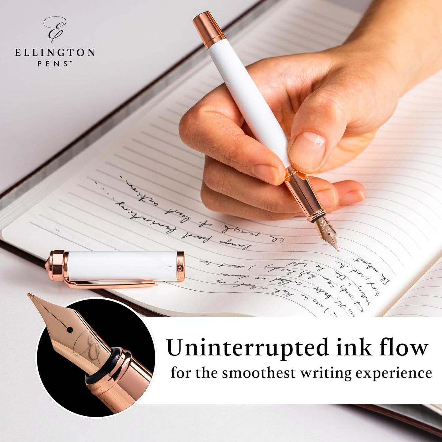 Ellington Pens Luxury Fountain Pen Set- Fountain Pens for Writing - Smooth Medium Nib - Includes Refillable Ink Converter, 3 Ink Cartridges [Black & Blue], Gift Box - Elegant Calligraphy