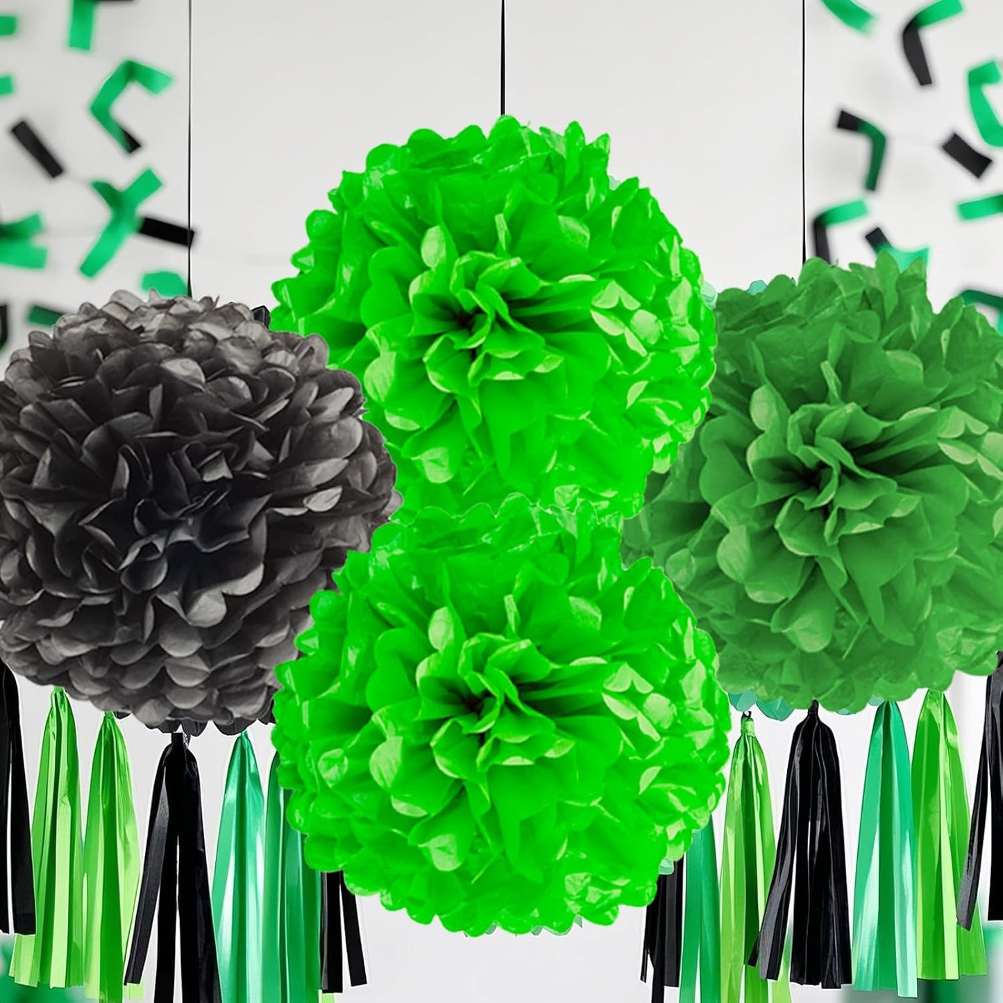 Capesaro Black Green Tissue Paper Pom Poms, 12PCS Tissue Paper Flowers Soccer Video Game Decorations Football Party Supplies Birthday Boys Party Graduation Decorations