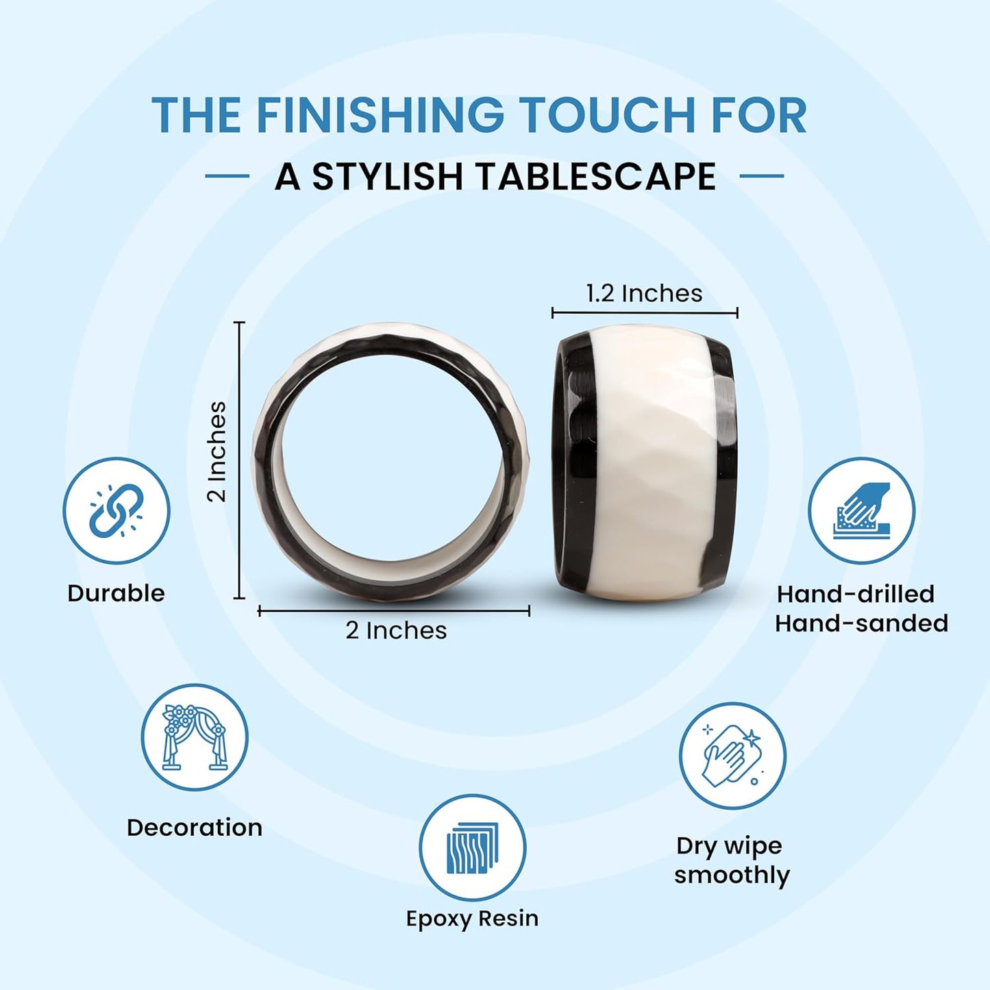 Epoxy Resin Napkin Rings Set of 12 - Elegant for Dinner Parties, Large Gatherings, Special Events & Dining Table Décor| Durable Napkin Rings, Easy to Clean (Black White) - CLEENTABLE