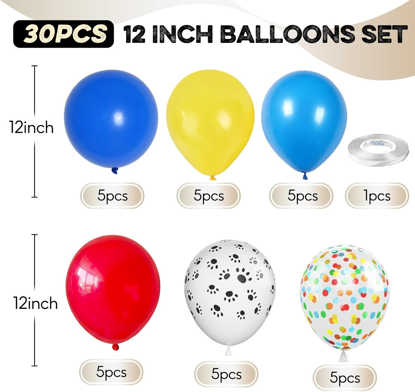 Dog Paw Balloons, 12 Inch Carnival Circus Balloons Red Yellow Blue and White Paw Print Puppy Balloons Colorful Confetti Latex Balloon for Dog Themed Birthday Party Decorations