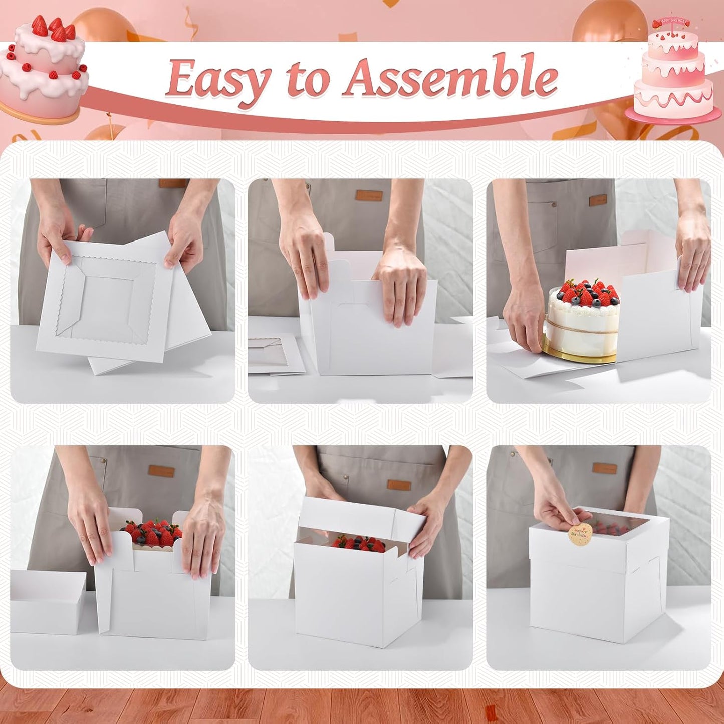 12Pcs Cake Boxes, 12x12x6 Inches White Bakery Boxes with Window, Large Disposable Cake Carrier Container for Pastries, Pie, Cookies, Chocolates, Cupcakes Dessert Boxes