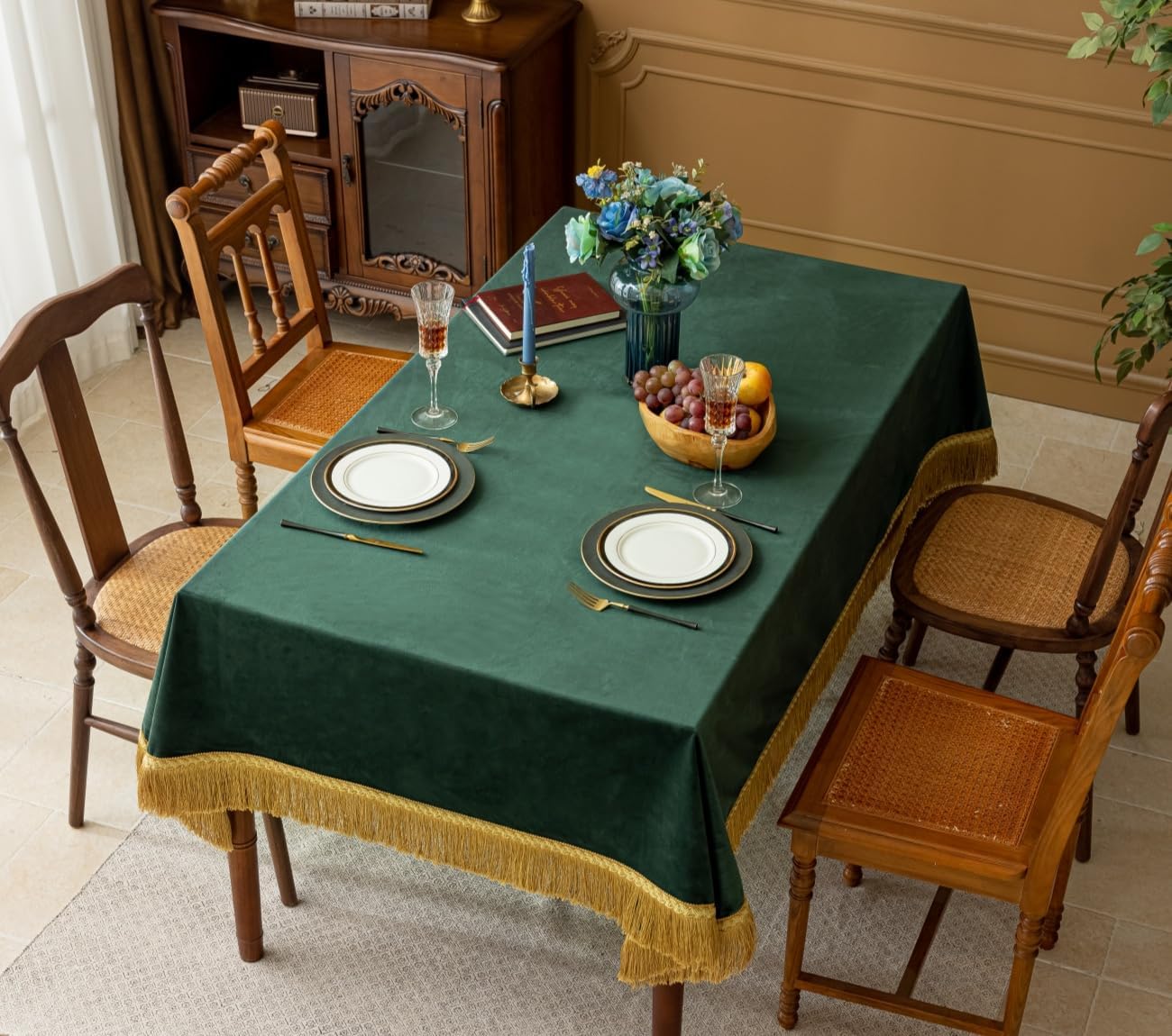 F-CHU Luxury Green Tablecloth Thickset Velvet Tablecloth with Beautiful Gold Tassels Table Cloth for Home Decor Wedding, Party, Banquet and Events 60x102-Inch