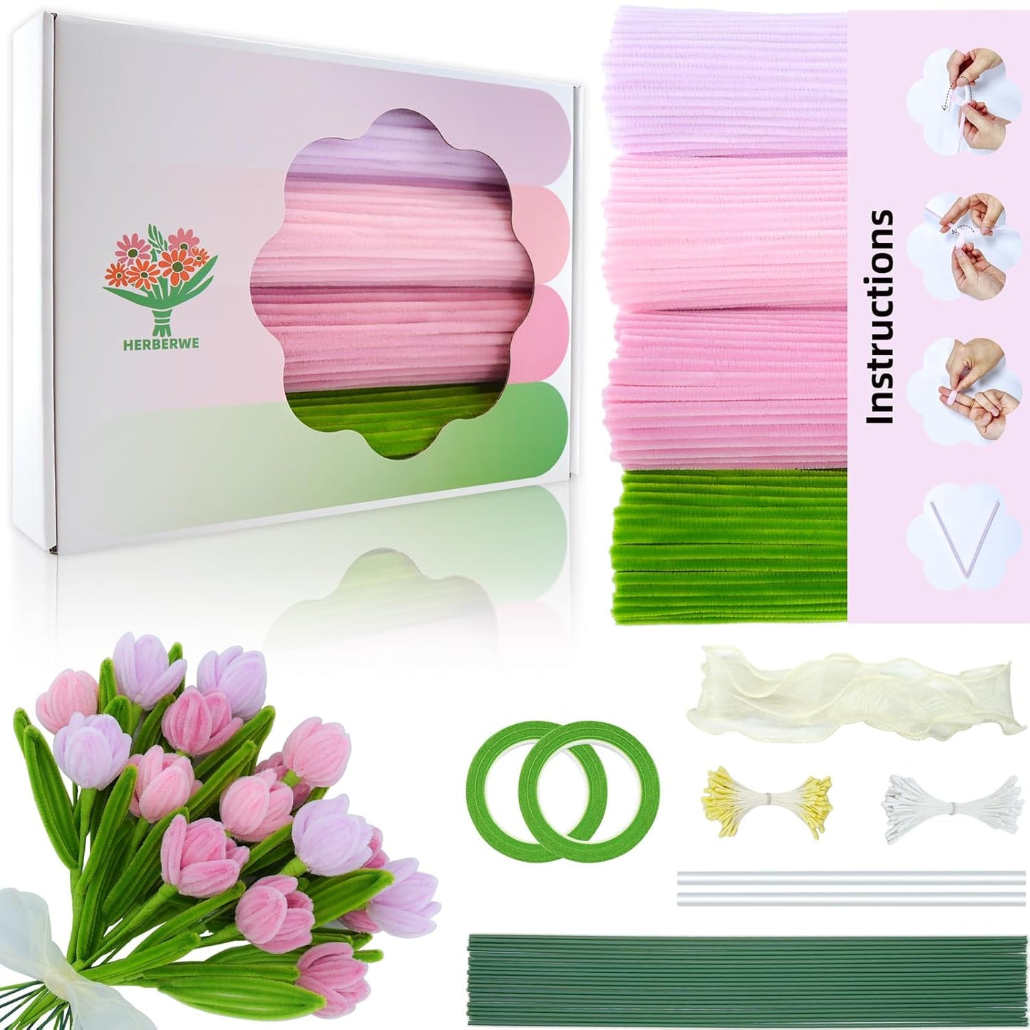 400 Pcs Pipe Cleaners Craft with Pastel Colors, Chenille Stems Flowers Craft Kit with Floral Wires, Floral Tape, Stamen & Ribbon, Pink Pipe Cleaner Flower Kit for Wedding Gift, Holiday Decoration