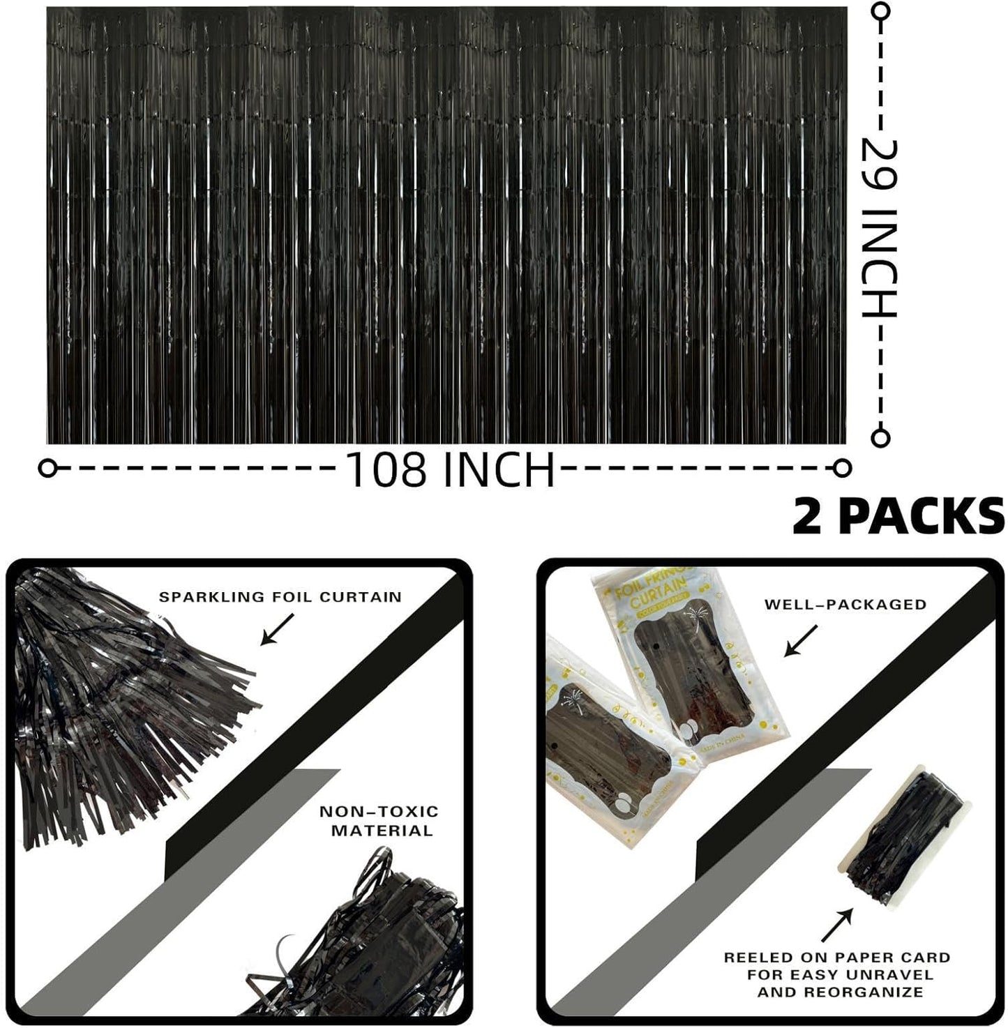 Black Streamers Party Decorations, 2 Packs Black Table Skirts Metallic Foil Fringe Tinsel for Graduation Birthday Wednesday Twilight Wizard Float Parade Halloween Party Supplies - 29x108 Inch