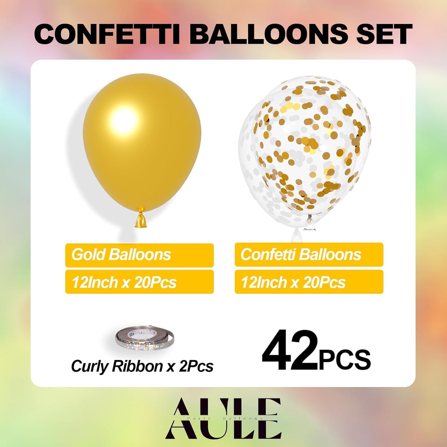 AULE Party Balloons Pack of 42 - Metallic Gold Balloons & Gold Confetti Balloons and 64ft Ribbons - 12 Inch Balloons Decorations Set