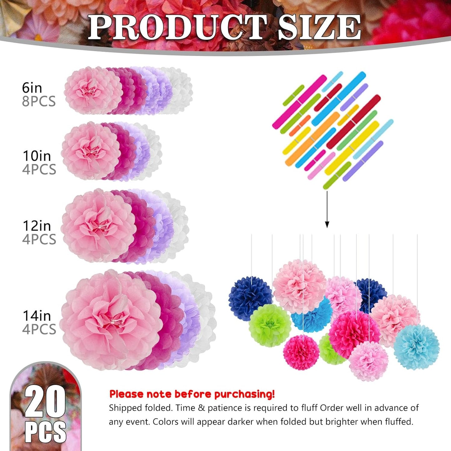 Tissue Paper Pom Poms, Purple Pink White Tissue Paper Flowers, Hanging Flower Balls for Weddings Fiesta Parties Birthday Baby Showers Classroom Bridal Shower Decoration (20Piece Set-6/10/12/14Inch)