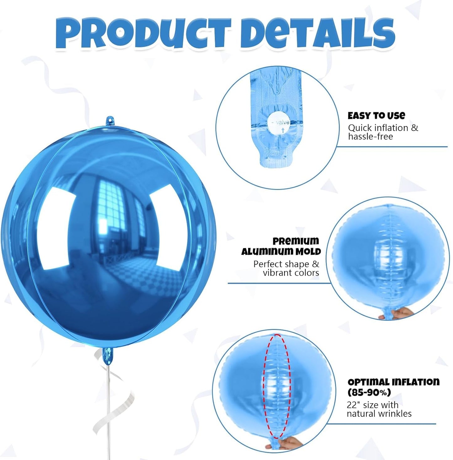 Blue Gold Giant 4D Foil Balloons, 6 Pcs Large Metallic Blue and Gold Round Balloons, 22 Inch Big Round Foil Balloon for Graduation Prom Birthday Party Baby Shower Decorations