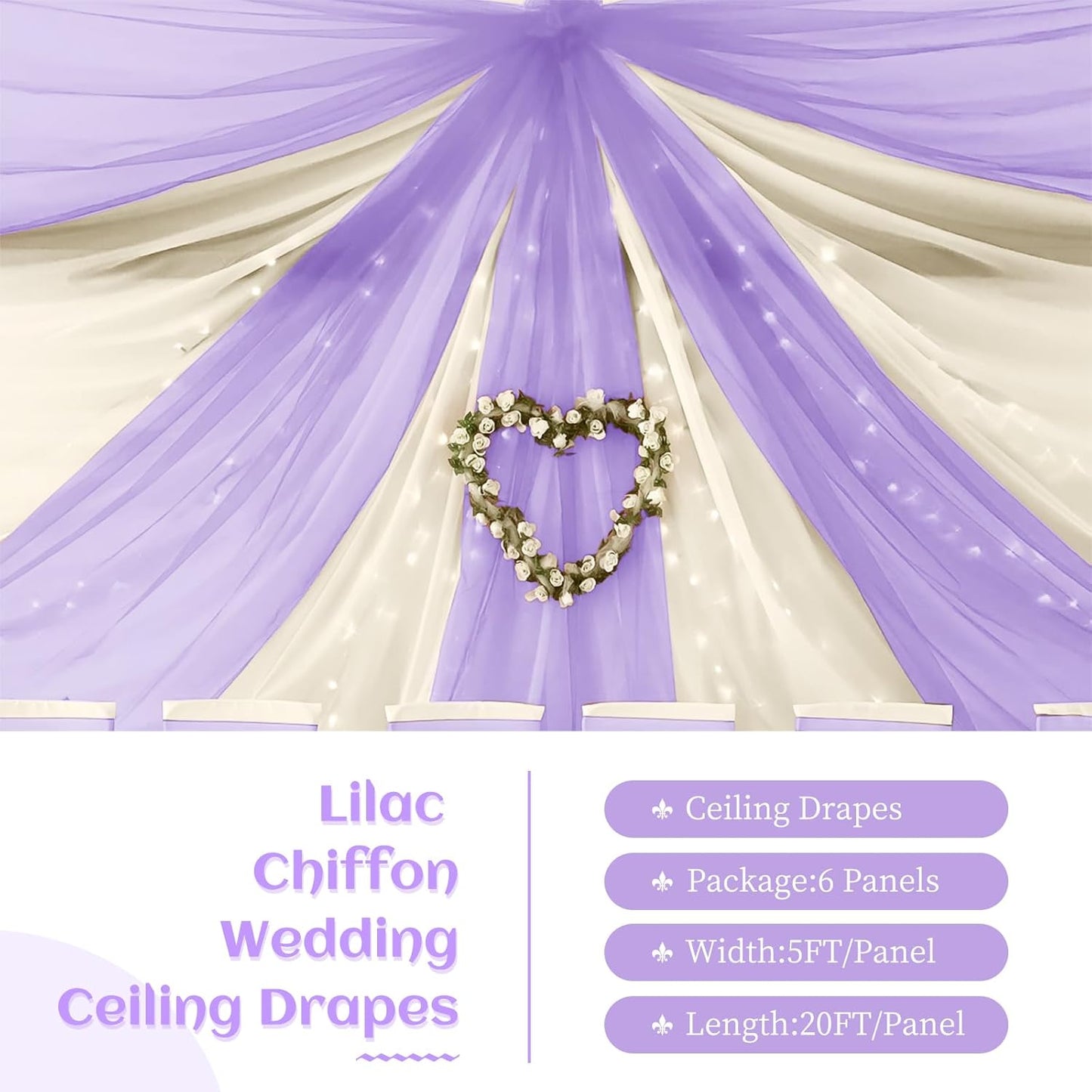 6 Panels Lilac Wedding Ceiling Drapes 5ftx20ft Ceiling Drapes Chiffon Fabric Arch Draping Sheer Curtains Soft Drapery Draping Wedding Ceiling Decorations for Party Ceremony Stage Swag