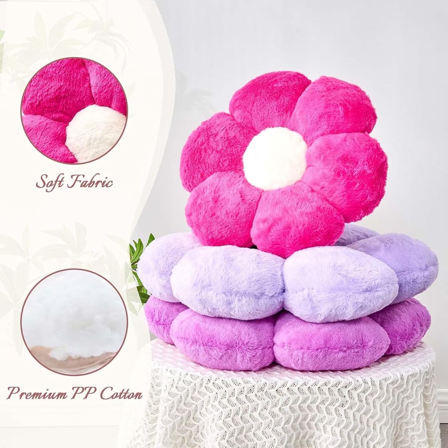 Hot Pink Flower Pillow, Cute Decorative Flower Shaped Throw Pillow with Faux Rabbit Fur, 19.6" Soft Flower Plush Throw Pillow Floor Pillows Room Décor for Bedroom Living Room
