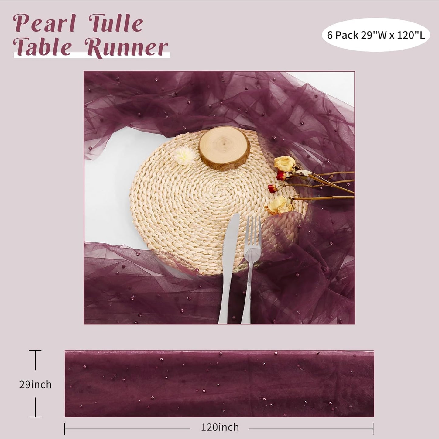 Set of 6 Pearl Table Runner 29 x 120 Inch Tulle Fabric Lace Table Runners Boho Rustic Tablecloth for Bridal Shower Birthday Party Wedding Arch Aisle Veil Dessert Table Decor(Burgundy)