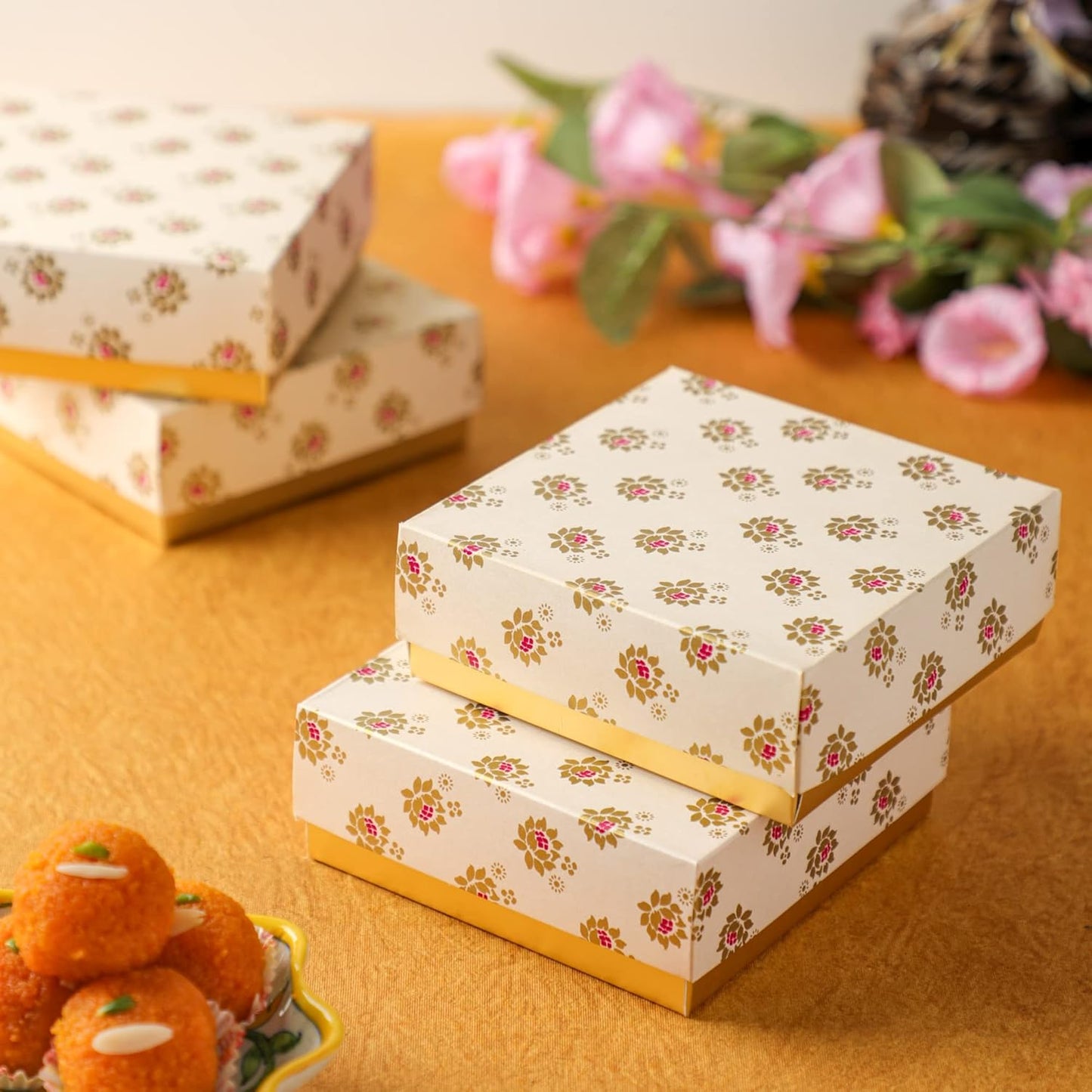 Desi Favors Floral Printed Sweet Boxes for Indian Sweets, Cookies, Goodies, Mithai, Candy, Gift Boxes with Lids Bulk, Handmade Bulk Mithai Box, Favor Boxes for Wedding, 2.95x5.51 Inch (Pack of 4)