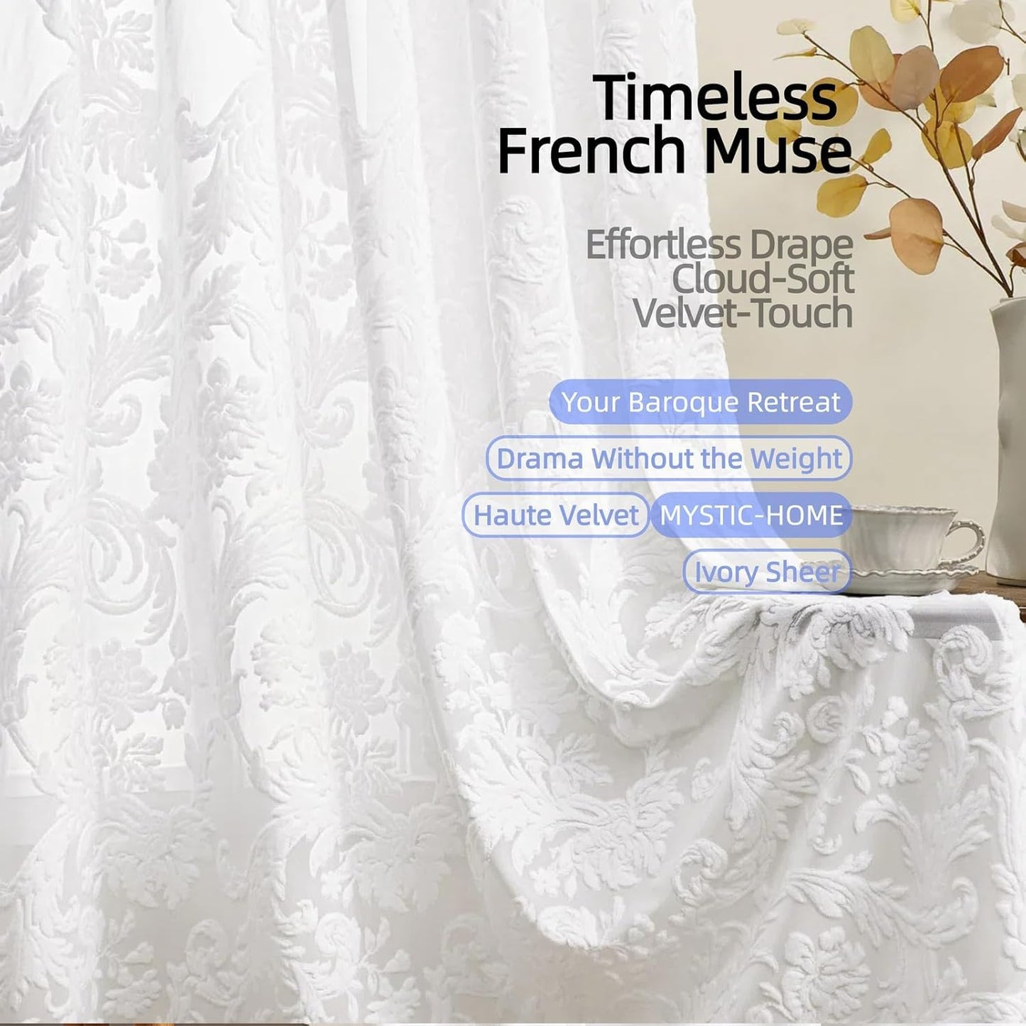 Curtains Sheer White Curtain Panels Boho Farmhouse Drapes with Vintage Floral Pattern 45" Short Length Rod Pocket for Bedroom Living Room Windows French Elegance 3D Relief, Set of 2 (52" Wide Each)