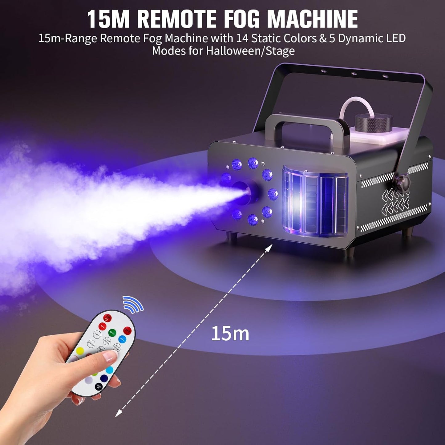 Fog Machine with RGBW LED Lights, 1200W Professional Smoke Machine, 1L Tank, 3000CFM Output, 14 Colors for DJ Party Stage Wedding Halloween 4PACK